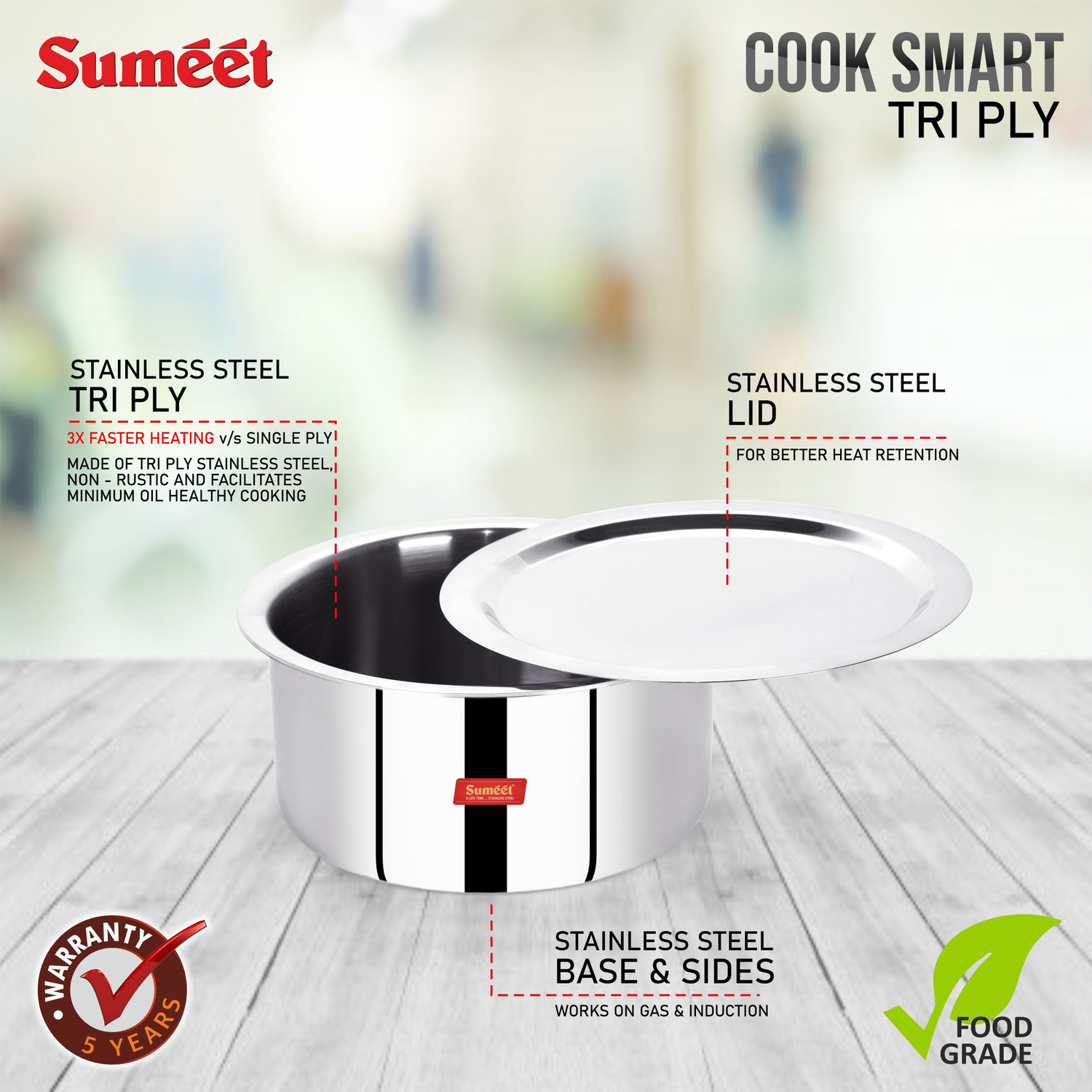 Image of Sumeet Cook Smart TriPly Steel-Aluminium-Steel - 3 Layers Tope Set of 3Pcs with Lid Tope /Bhagona /Patila Set with Lid 1.1 L, 1.6 L, 2 L capacity 14 cm, 16 cm, 18 cm diameter