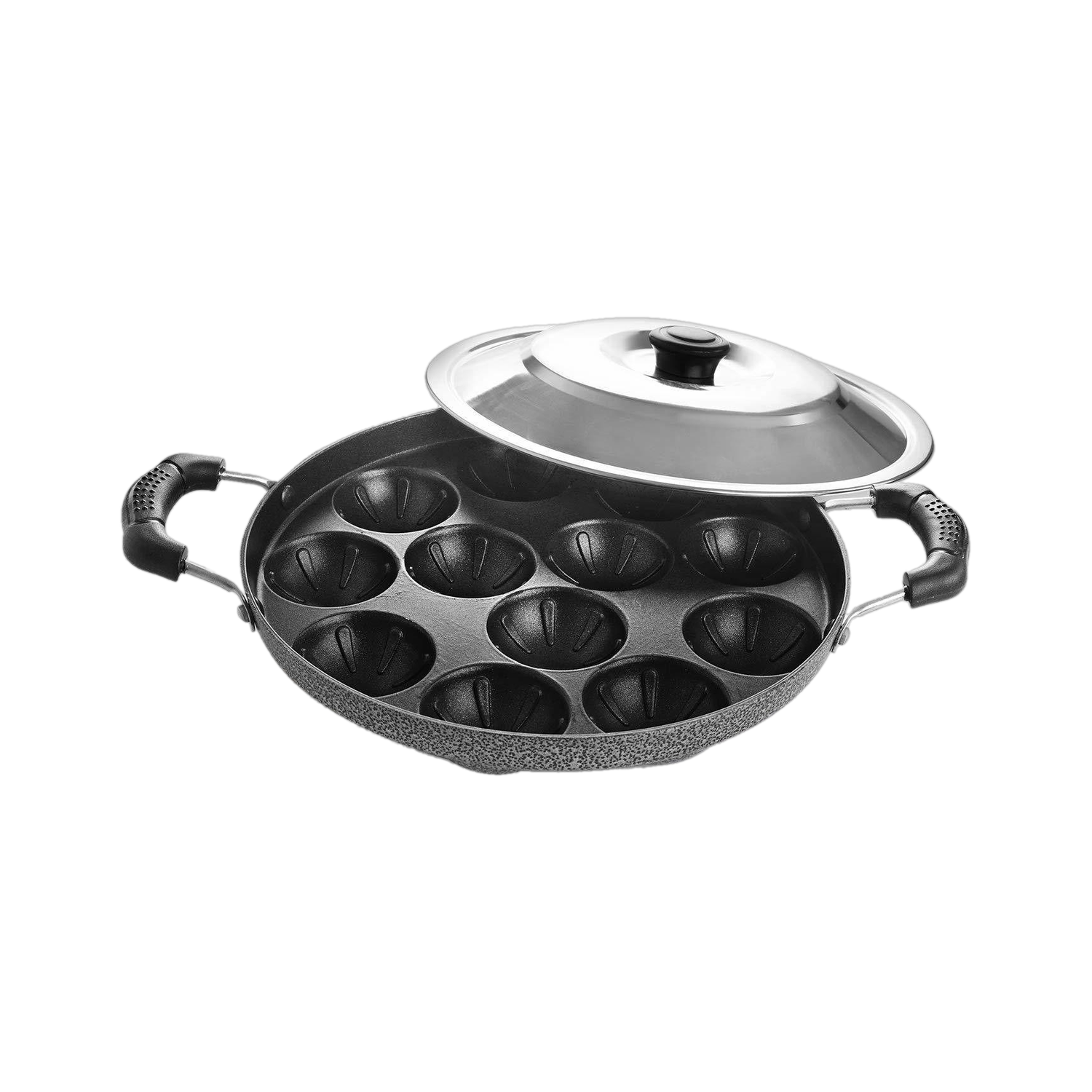 Image of cello 12 Cavity Grill Appam Patra Double Handle Paniarakkal Pan 25 cm diameter with Lid 1 L capacity