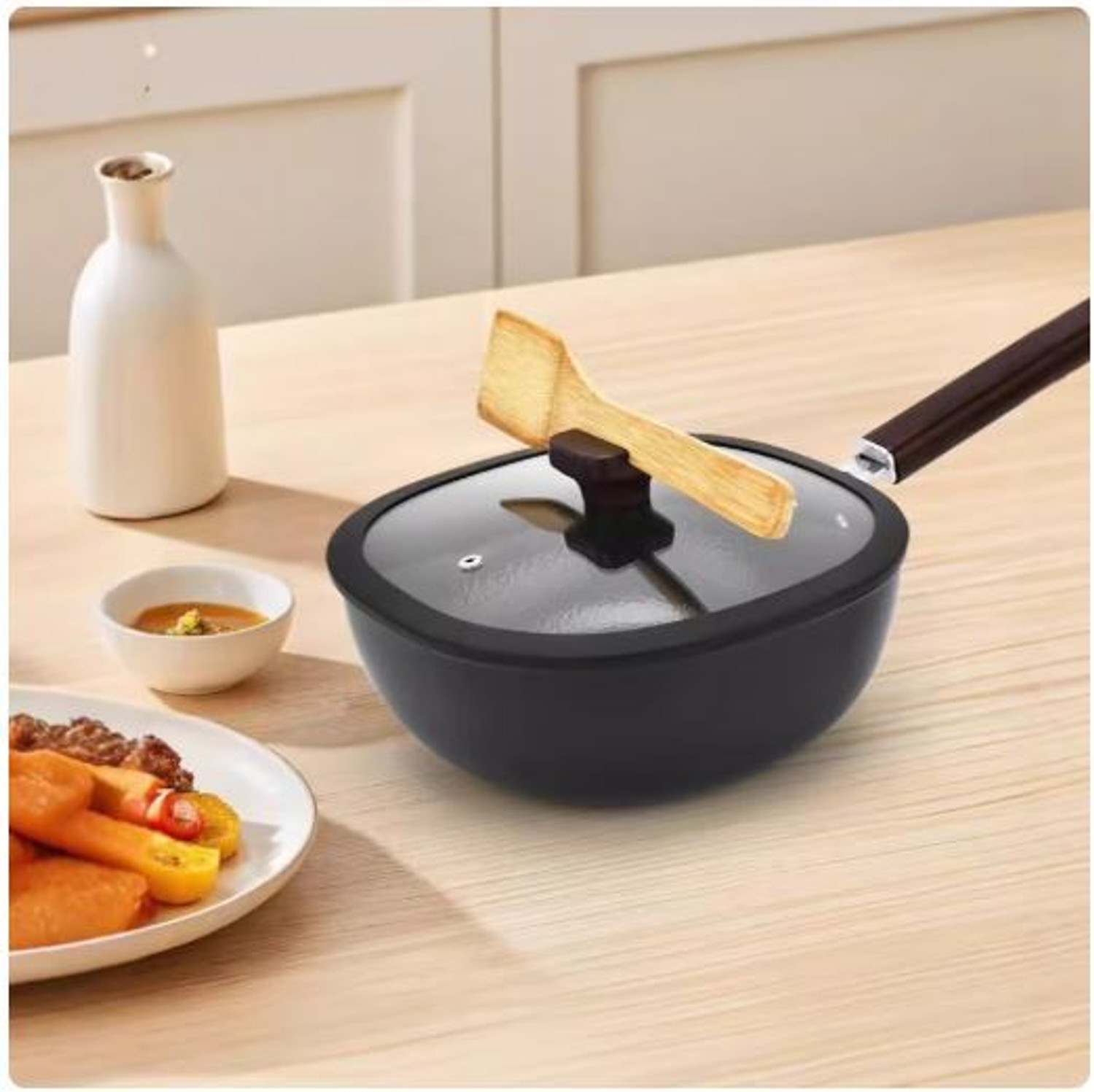 Image of Bonsly Pre-Seasoned Iron Wok with Strong Wooden Handle Induction Bottom Non-Stick Coated Cookware Set