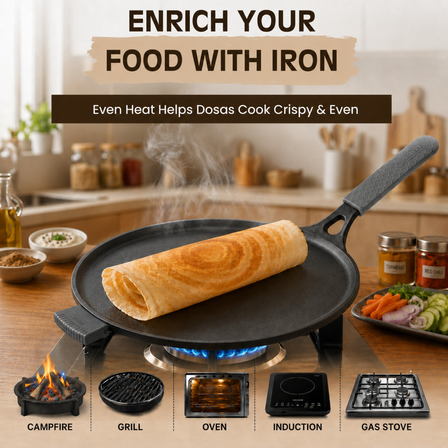 Image of Aditi Techno LLP Cast Iron Dosa Tawa, 11 Inch with Long Heat-Resistant Silicone Grip Handle Tawa 28 cm diameter