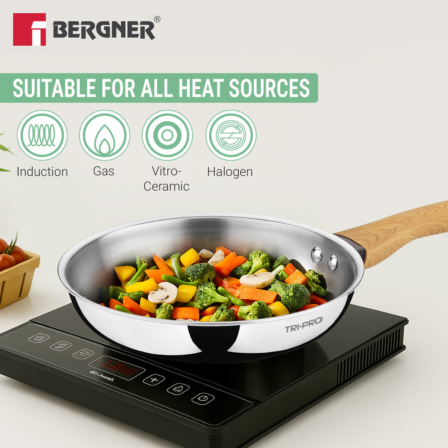 Image of BERGNER TriPro Tri-Ply 24cm Frypan with Wooden Soft Touch Handle, Healthy Coating| Fry Pan 24 cm diameter 1.8 L capacity