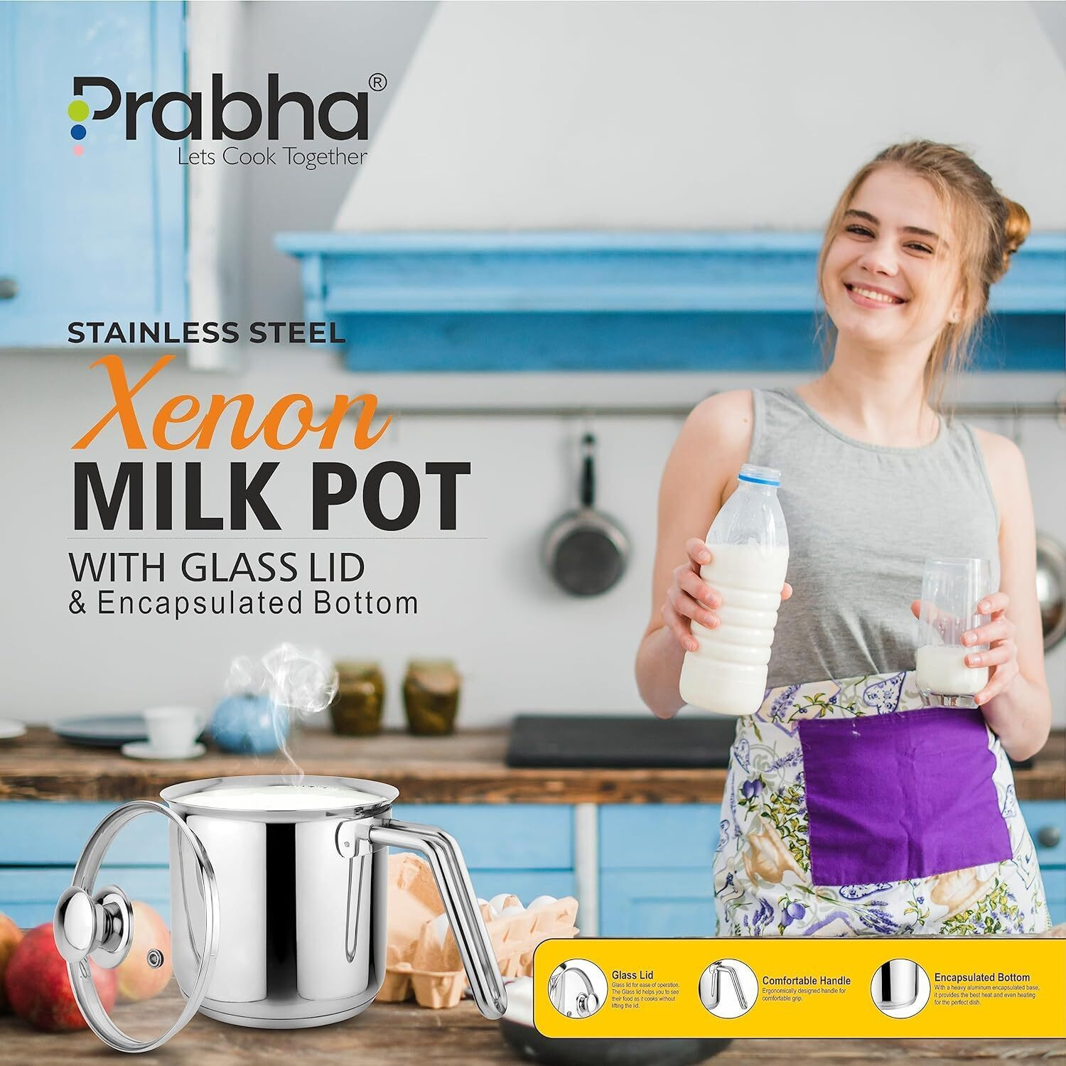 Image of PRABHA Heavy Gauge Encapsulated Base Stainless Steel Plain Milk Pot Milk Boiler Pot 17 cm diameter 2.5 L capacity with Lid