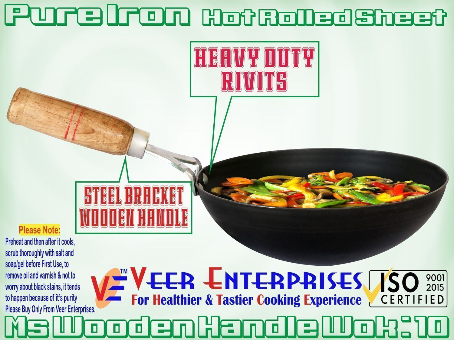Image of VeerEnterprises Pure Iron /Loha Black Deep Kadai /Wok With Wooden Handle 10 Inch Stir Fry Pan 25 cm diameter 2 L capacity