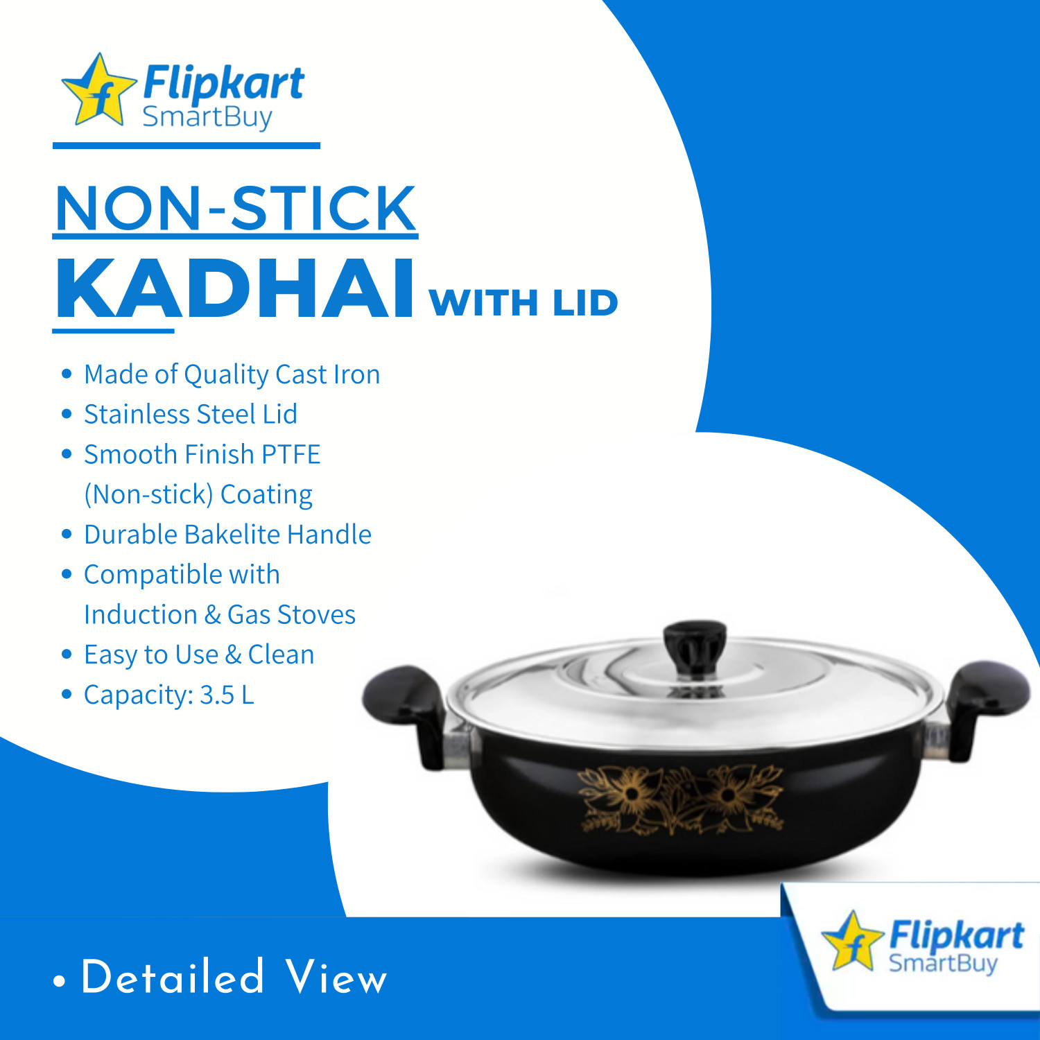 Image of Flipkart SmartBuy Premium Non-Stick Kadhai with Lid (3.5 L) 4 - Non-Stick Cast Iron Kadhai 27 cm diameter with Lid 3.5 L capacity