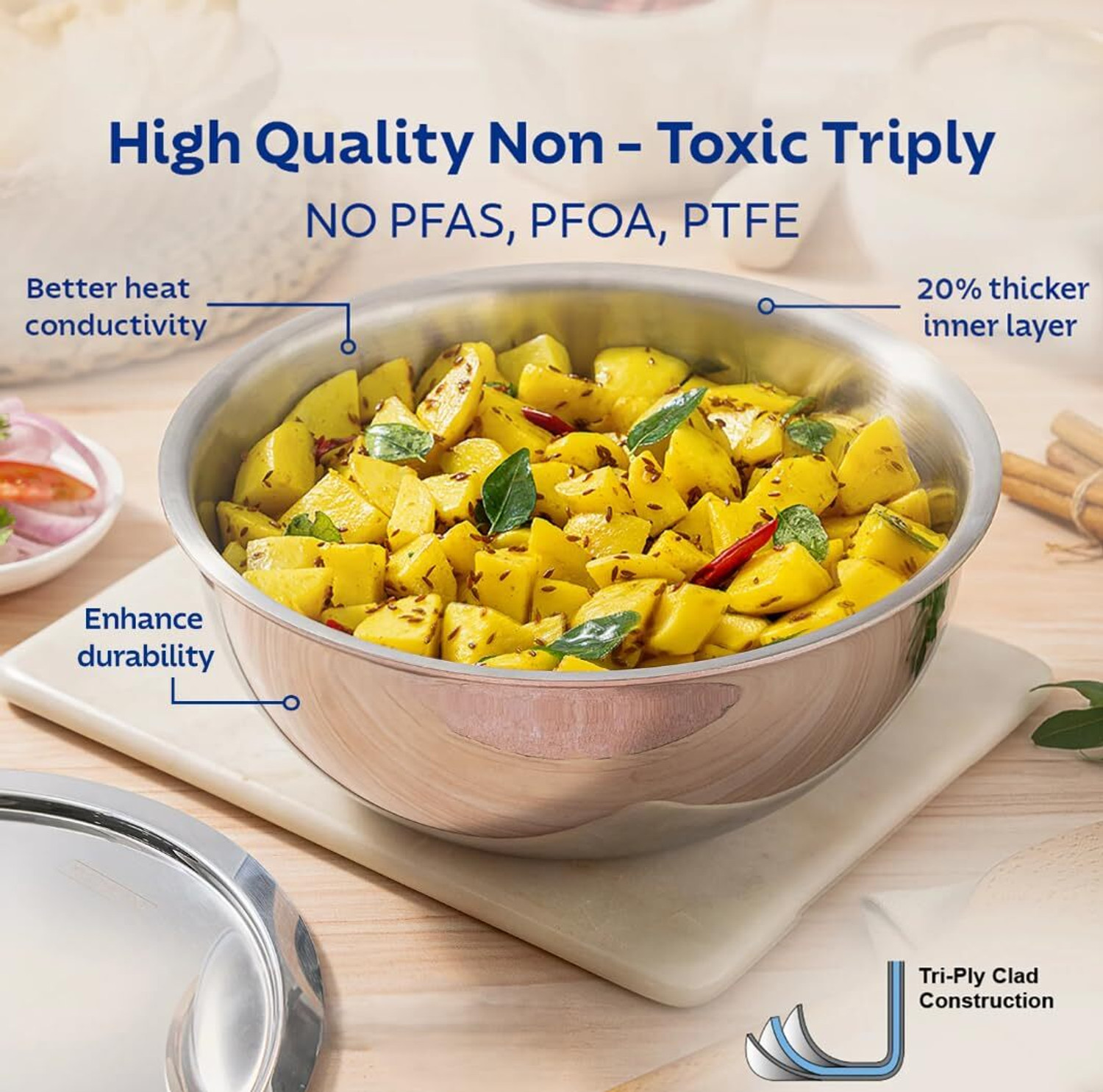 Image of WAYMORE Triply Cookware set with 100% Toxin-Free,No Chemical Coating Tasla Set with Lid 3.5 L capacity 26 cm diameter