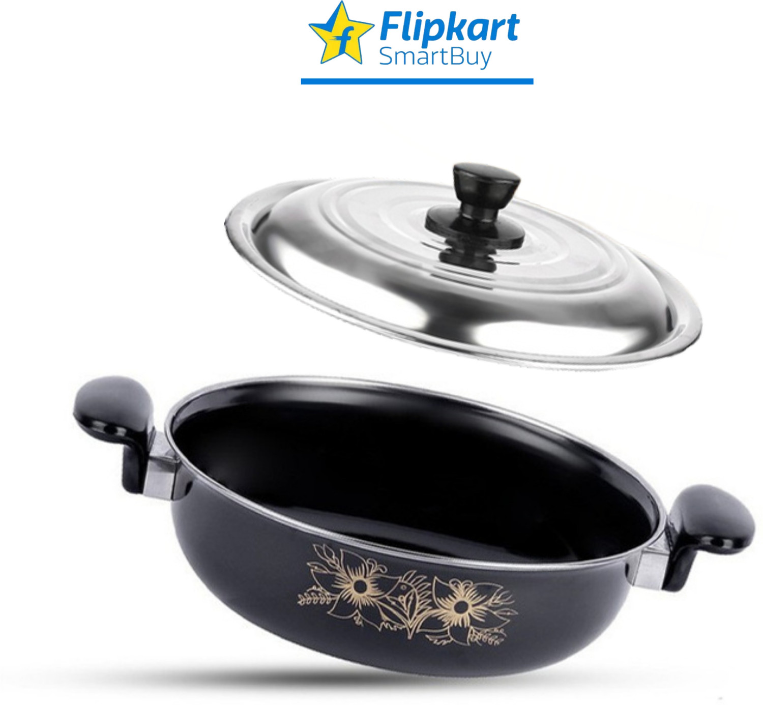 Image of Flipkart SmartBuy Premium Non-Stick Kadhai with Lid (3.5 L) 4 - Non-Stick Cast Iron Kadhai 27 cm diameter with Lid 3.5 L capacity
