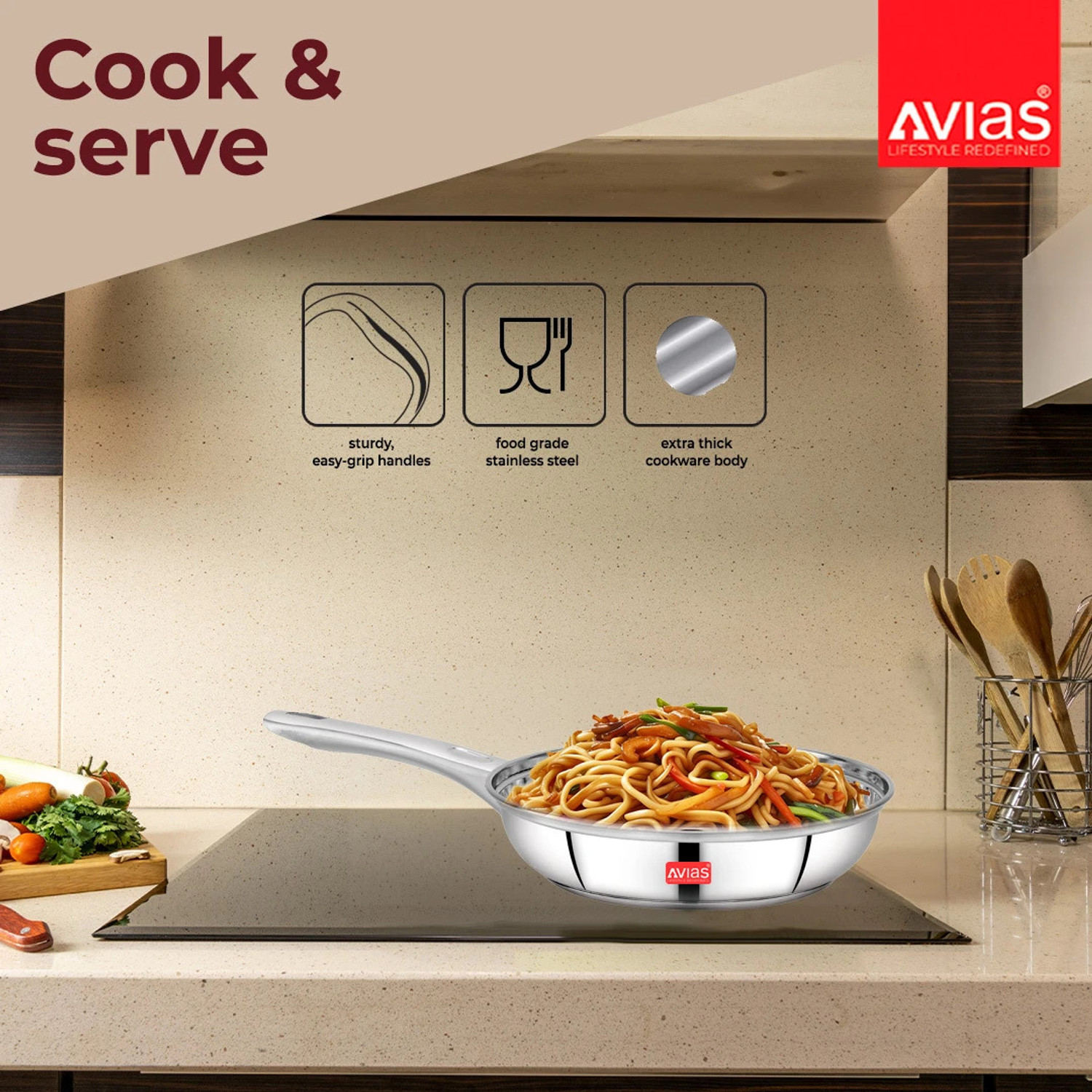 Image of AVIAS INOX IB Frypan, Fry Pan / Gas Stove Cooking Pan, Rust Resistant, Mirror Finish Fry Pan 20 cm diameter with Lid 2 L capacity