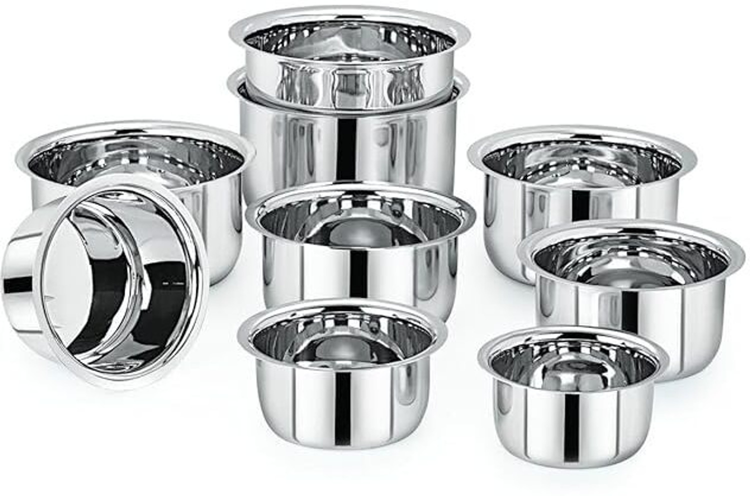 Image of PRISTINE Stainless steel 9 Pcs Tope /Bhagona /Patila Set 1.1 L, 1.6 L, 1.9 L, 2.5 L, 3.1 L, 3.8 L, 4.8 L, 5.6 L, 6.7 L capacity 14 cm, 15 cm, 16.5 cm, 18 cm, 19 cm, 20.5 cm, 21.5 cm, 23 cm, 24 cm diameter