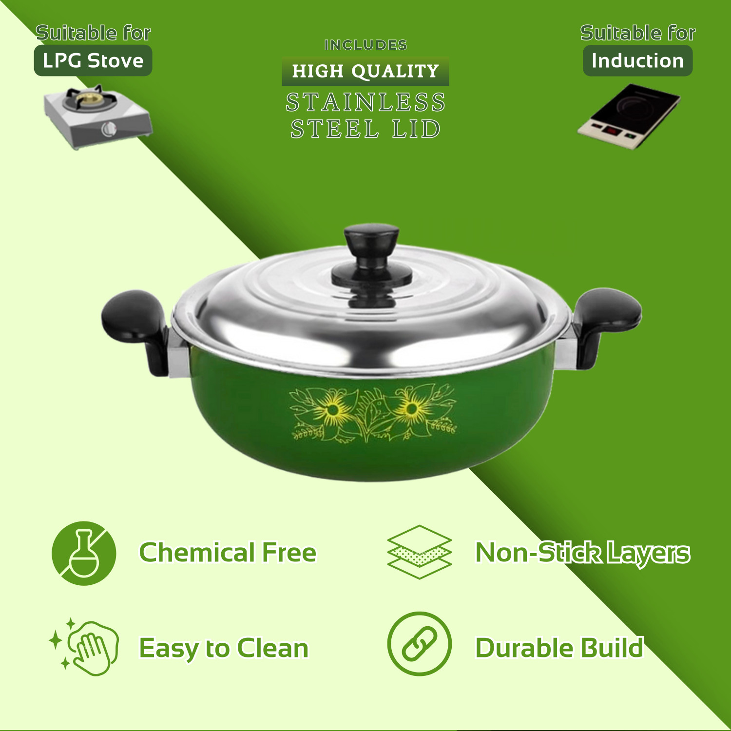 Image of My Store Non Stick Kadhai with Steel Lid (Green / 3.5 L) - Non Stick Induction Compatible Kadhai 27 cm diameter with Lid 3.5 L capacity