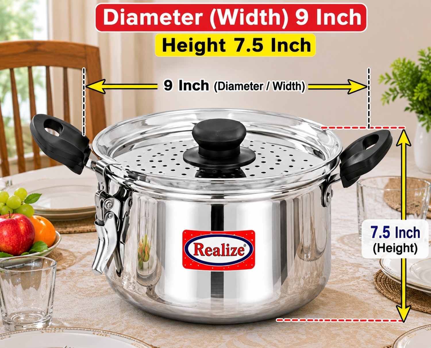 Image of Realize Stainless Steel rice pot with Strainer Lid, Sturdy Lockable Pot 19 cm Pot 19 cm diameter 3.5 L capacity with Lid