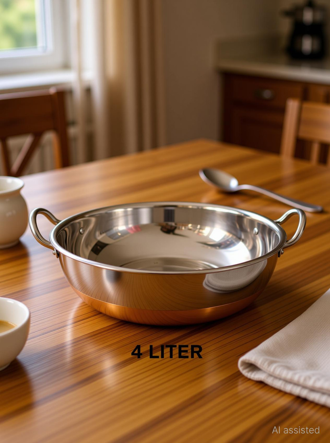 Image of KICHENLY Copper Bottom Stainless Steel Kadhai Pot Pans with Handle Kadhai 25 cm diameter 4 L capacity