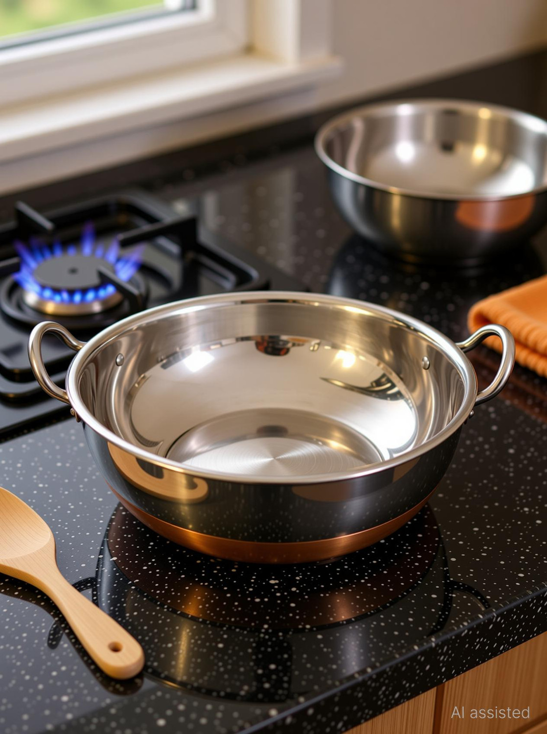 Image of KICHENLY Copper Bottom Stainless Steel Kadhai Pot Pans with Handle Kadhai 25 cm diameter 4 L capacity