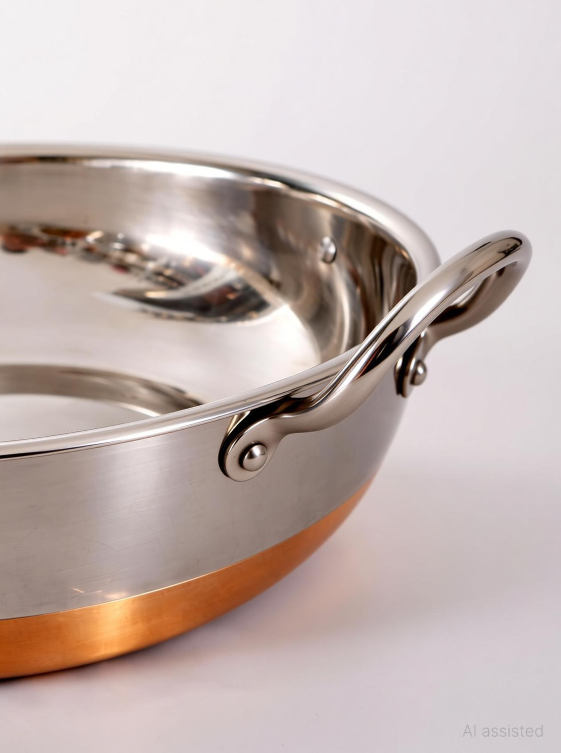 Image of KICHENLY Copper Bottom Stainless Steel Kadhai Pot Pans with Handle Kadhai 25 cm diameter 4 L capacity