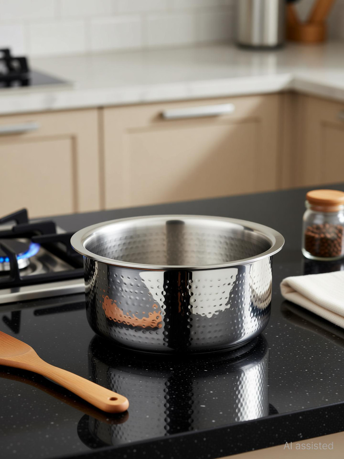 Image of NIRLON Hammered Triply Stainless Steel Cookware Tope /Patila 14cm Tope /Bhagona /Patila 1 L capacity 14 cm diameter