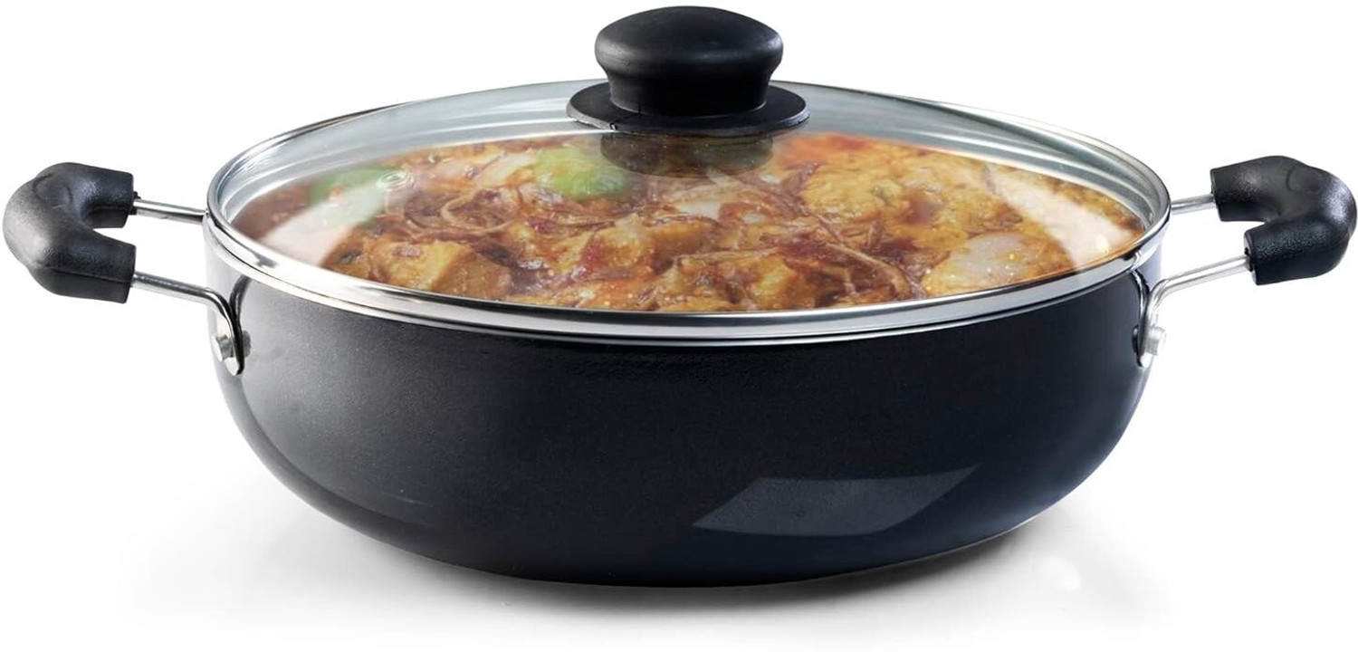 Image of PATALSEVA Non‑Stick Kadai 2.6 mm 4‑Layer Coating |Tempered Glass Lid | 2.5 L Capacity Kadhai 27 cm diameter with Lid 2.5 L capacity