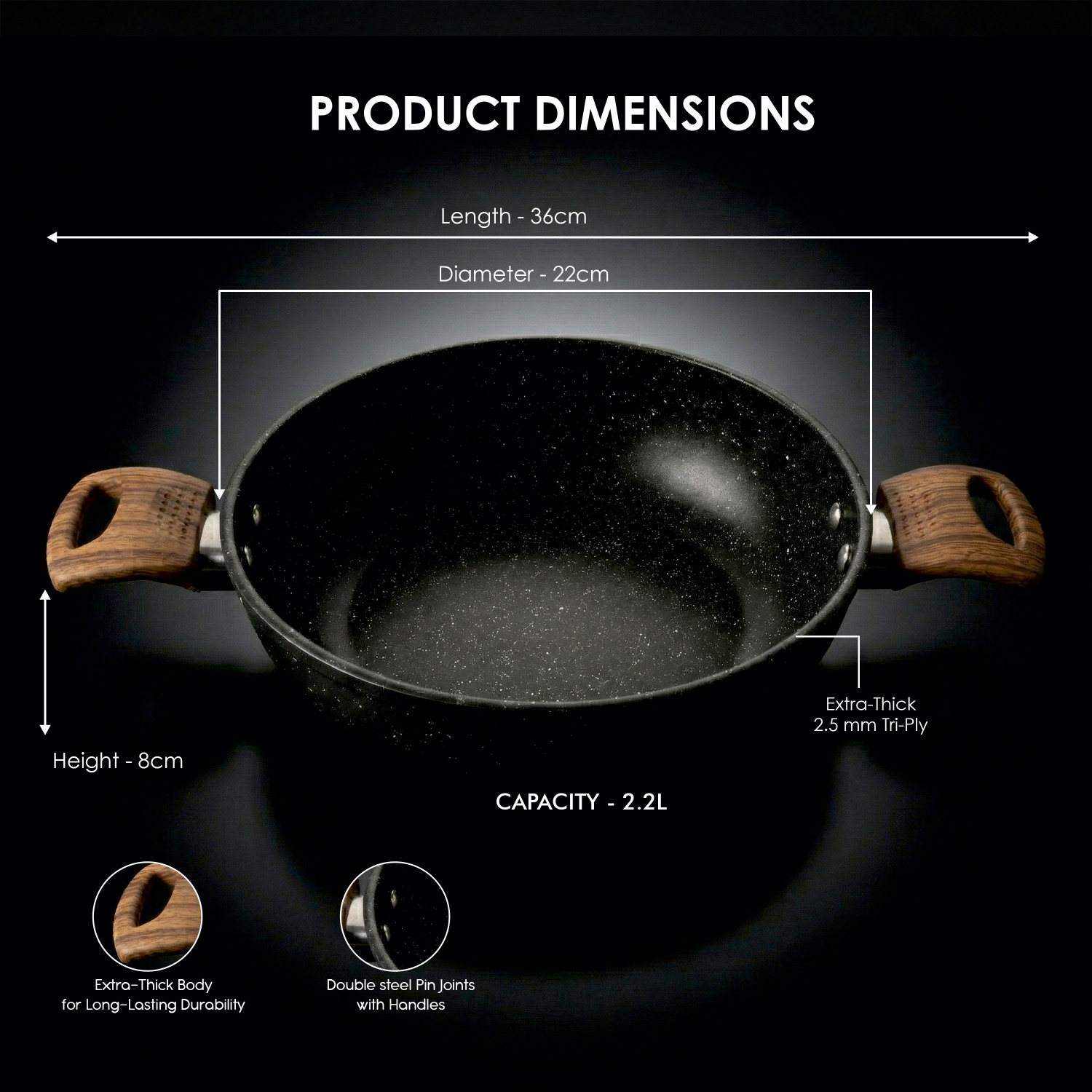Image of Sigri-wala Cook Healthy With Wooden Handle Kadhai 22 cm diameter 2.2 L capacity