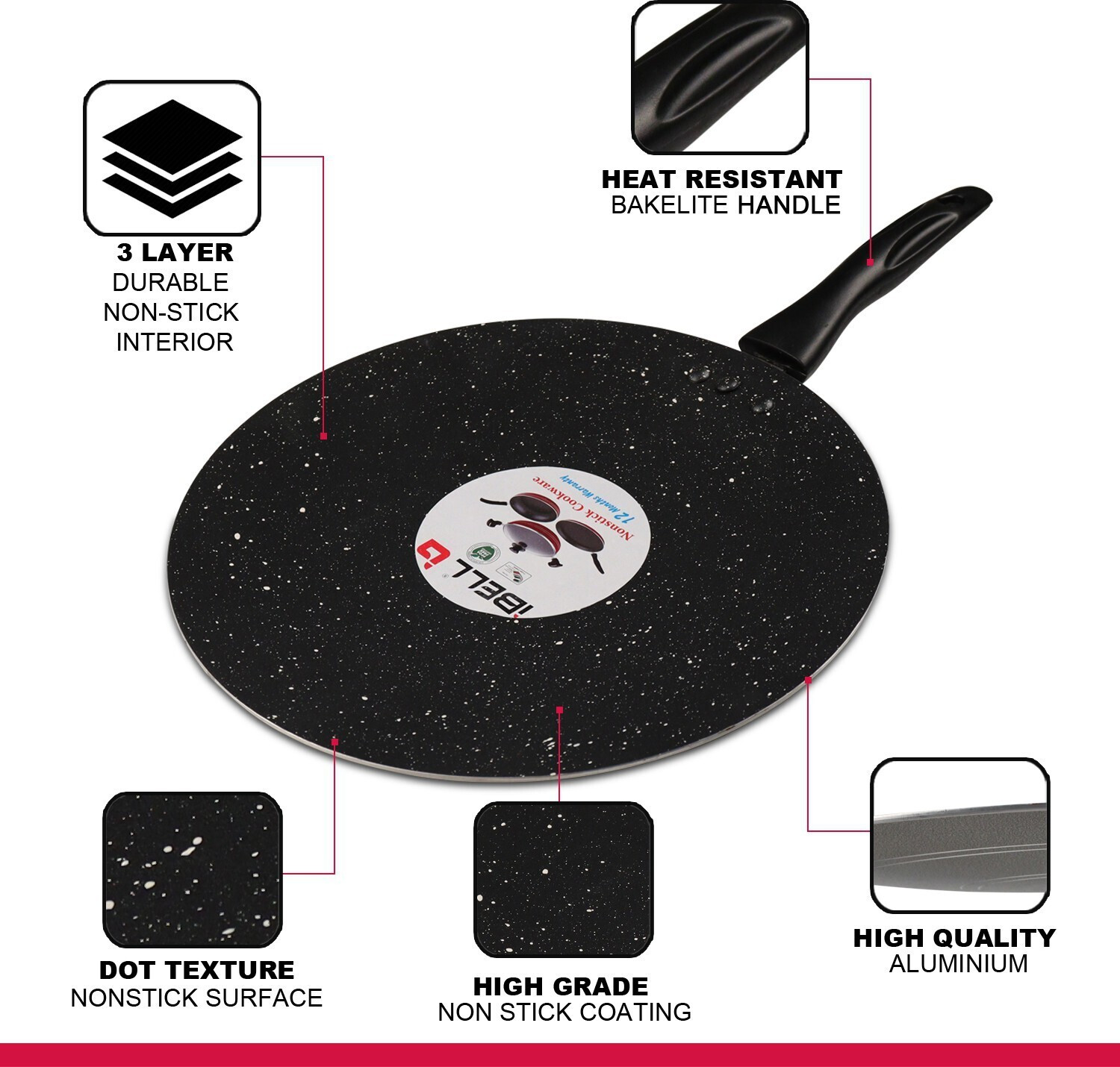 Image of iBELL TP929SD 3 Layer Durable Aluminium Non Stick Dosa Roti Pathiri Big Tawa, 290mm Tawa 28 cm diameter