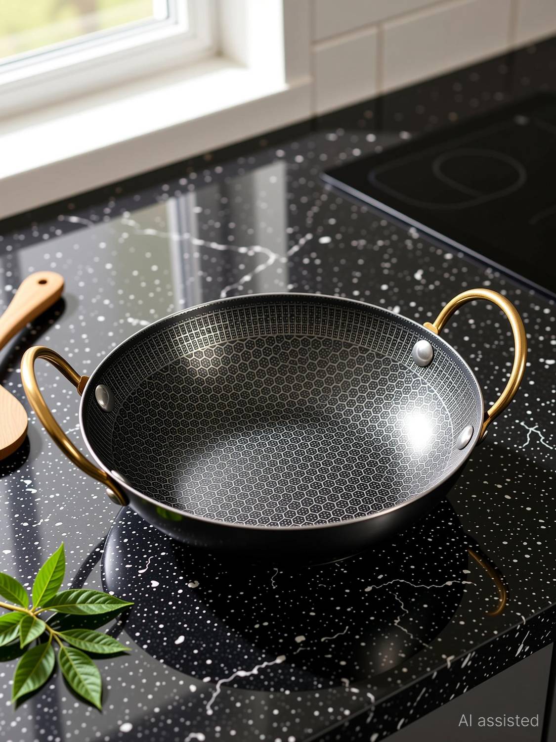 Alark Tri-Ply Stainless Steel Hammered Kadai Brass Color Handles Metal Spatula Safe Kadhai 23 cm diameter 1 L capacity