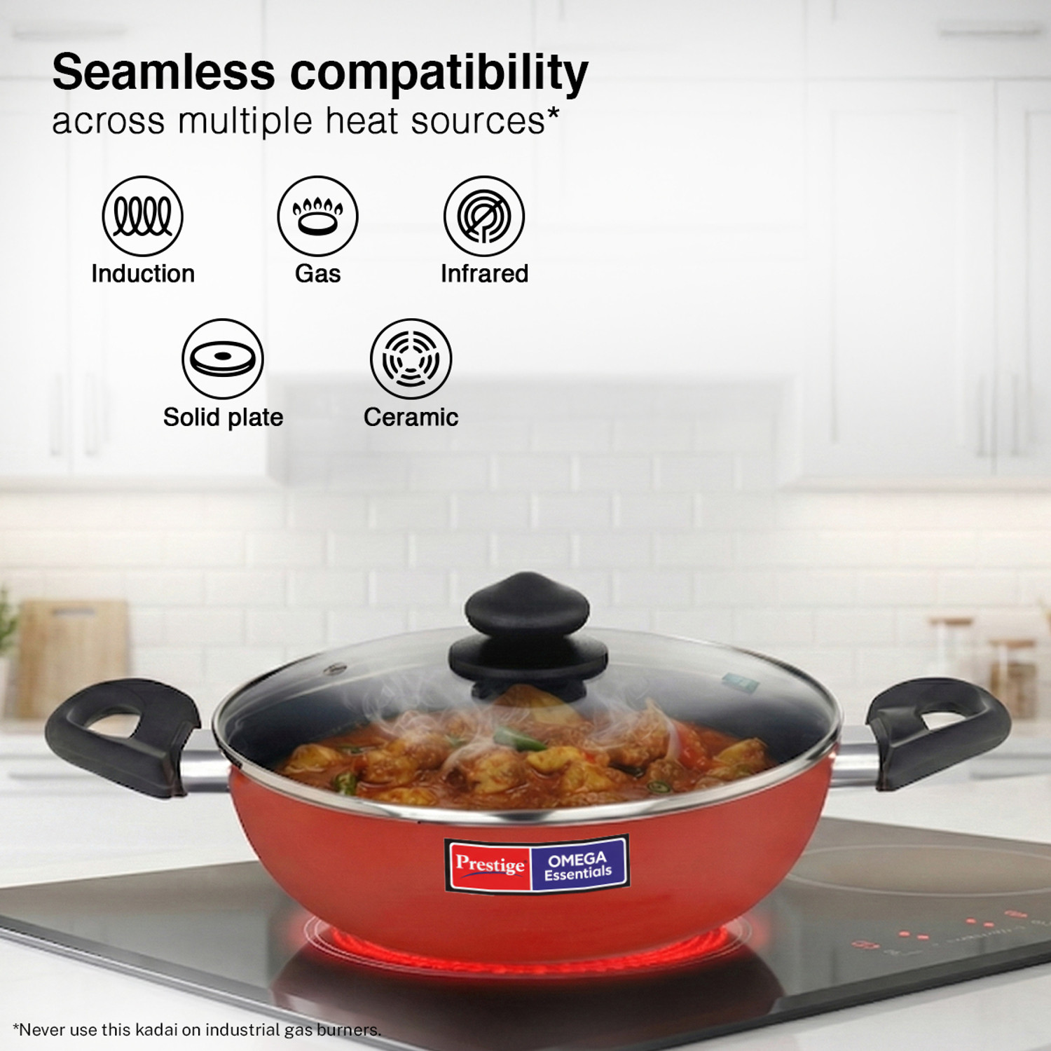 Image of Prestige Omega Essentials Metal Spoon Friendly|Strong Handles Kadhai 24 cm diameter with Lid 2.4 L capacity