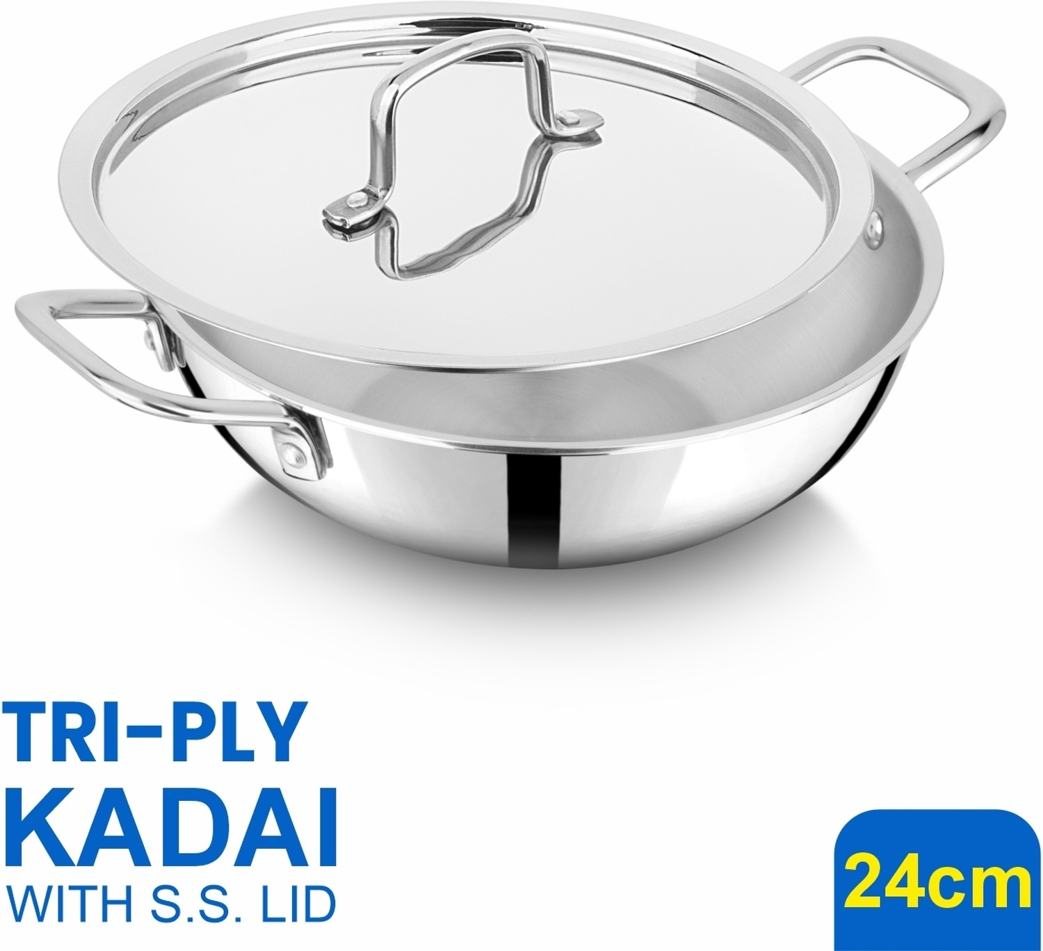 Image of Flipkart SmartBuy Triply Stainless Steel Extra Deep Kadai with Lid & Wide Grip Handles Kadhai 24 cm diameter with Lid 3.3 L capacity