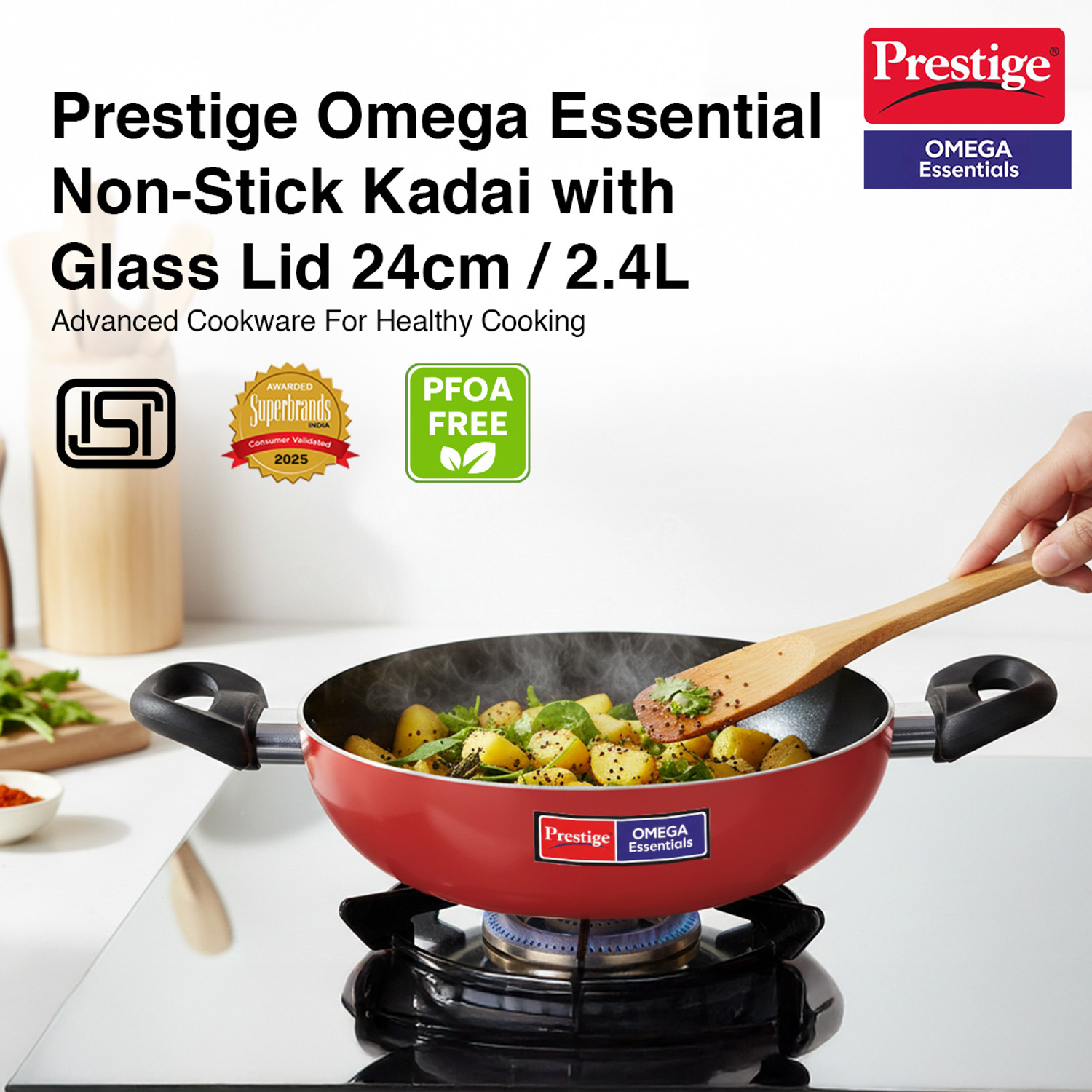 Image of Prestige Omega Essentials Metal Spoon Friendly|Strong Handles Kadhai 24 cm diameter with Lid 2.4 L capacity