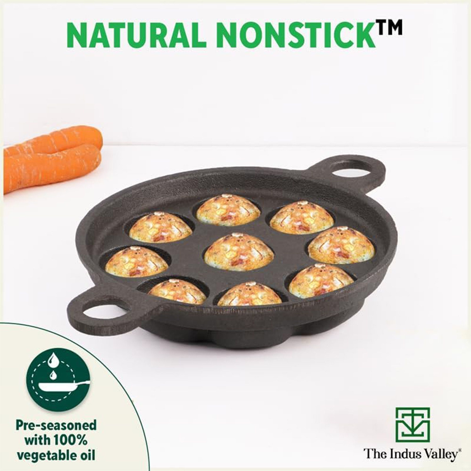 Image of The Indus Valley Pre-Seasoned Cast Iron Paniyaram /Paddu Pan with Free Wooden Picker|9 Pit Paniarakkal Pan 20.8 cm diameter 0 L capacity