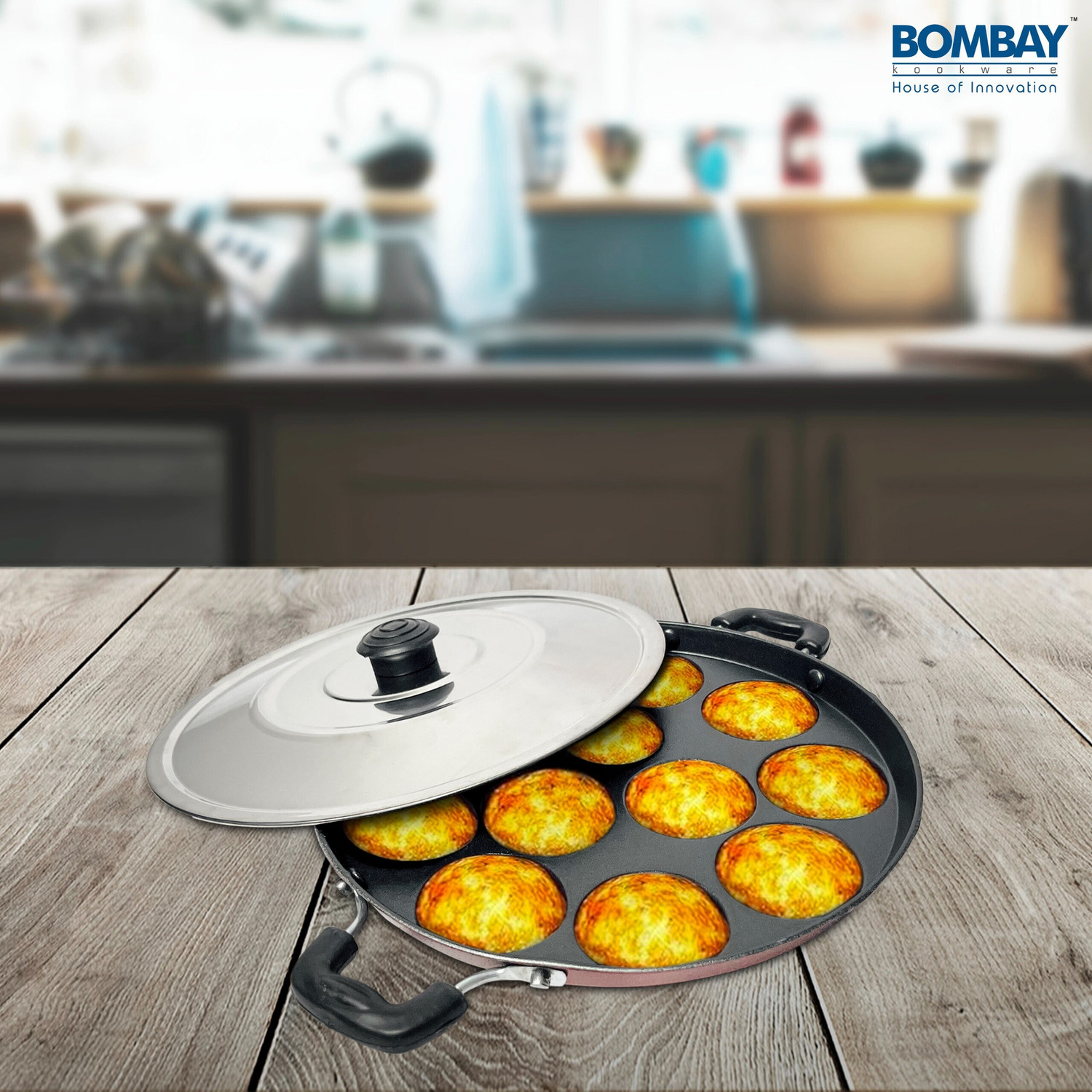 Image of Bombay Kookware APPAM MAKER 12 CAVITY 24 CM Paniarakkal Pan 24.5 cm diameter with Lid 0.5 L capacity