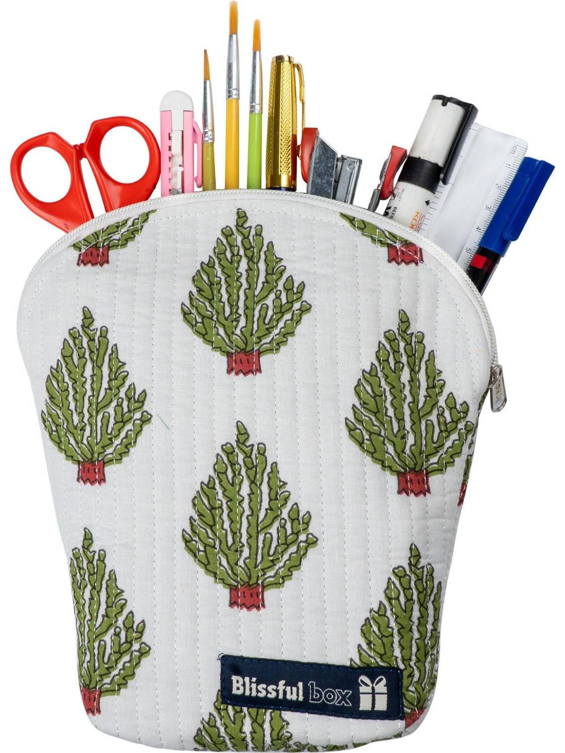 BlissfulBox Handcrafted Quilted Utility Pouch with Cactus Print Cosmetic Bag
