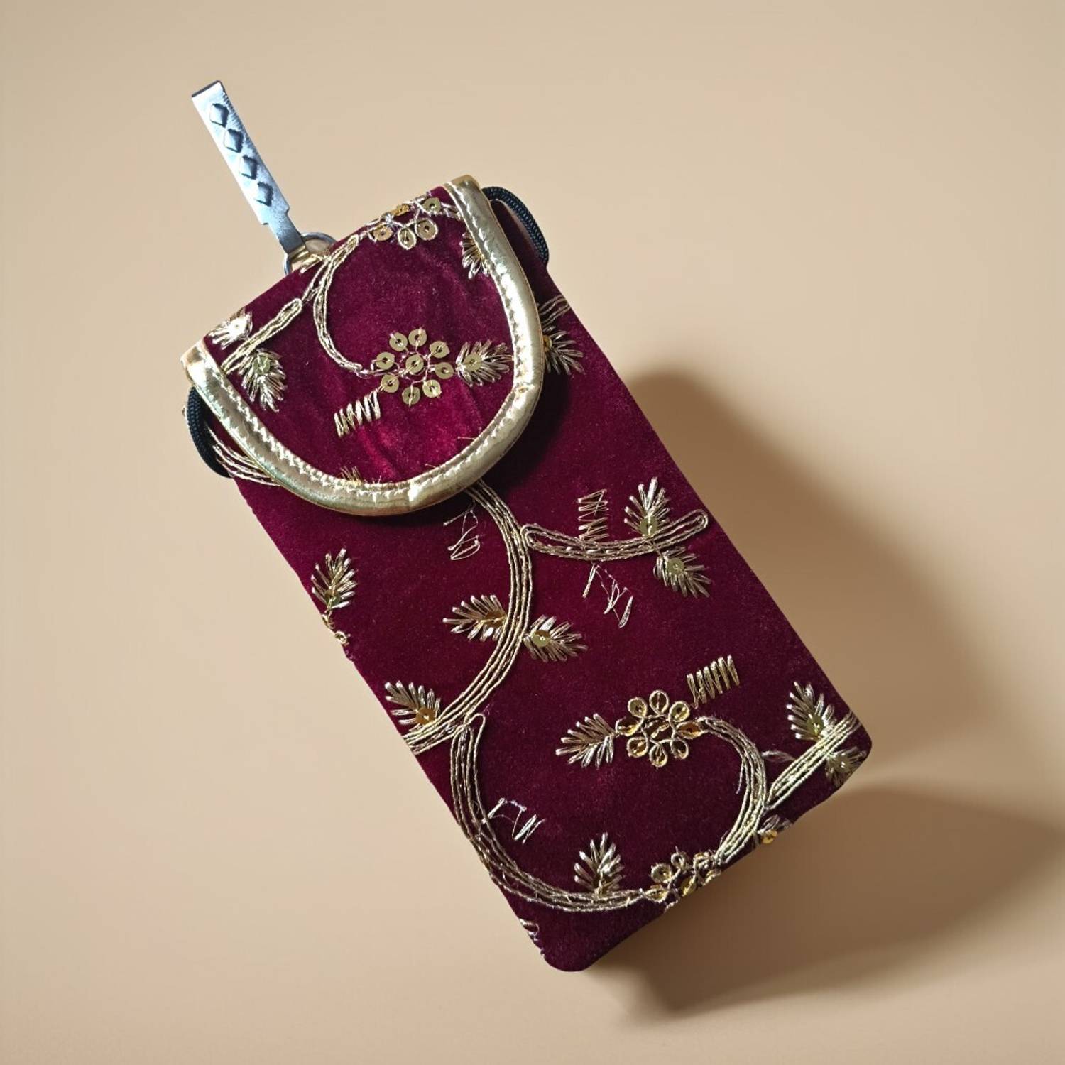 AASMA Velvet Embroidered Mobile Sling Pouch with Zip Pocket for Women & Girls Mobile Pouch