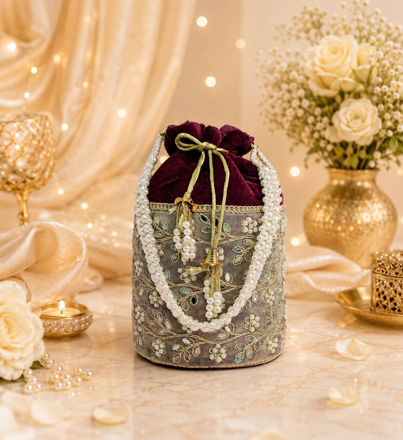 25DEGREE N Mirror and Pearl Embroidered Velvet Potli with designer tassel Potli