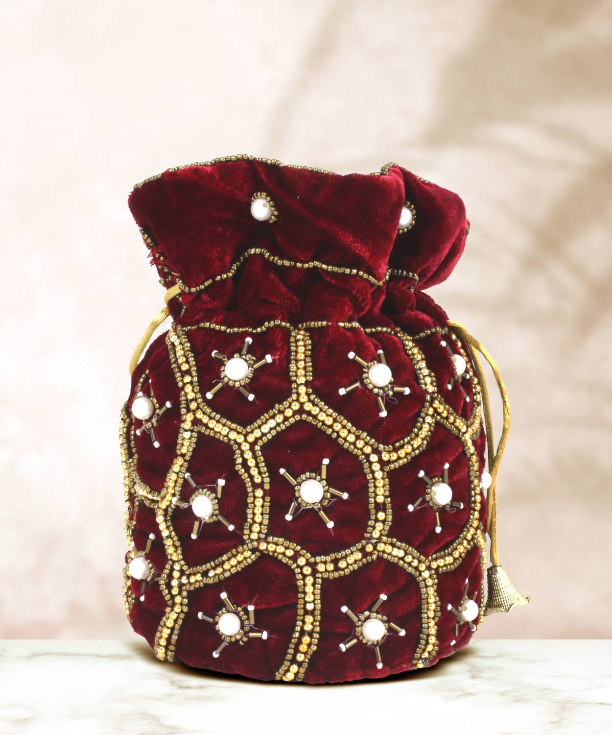 BeijoBolsa Maroon Velvet Potli Bag For Women Potli