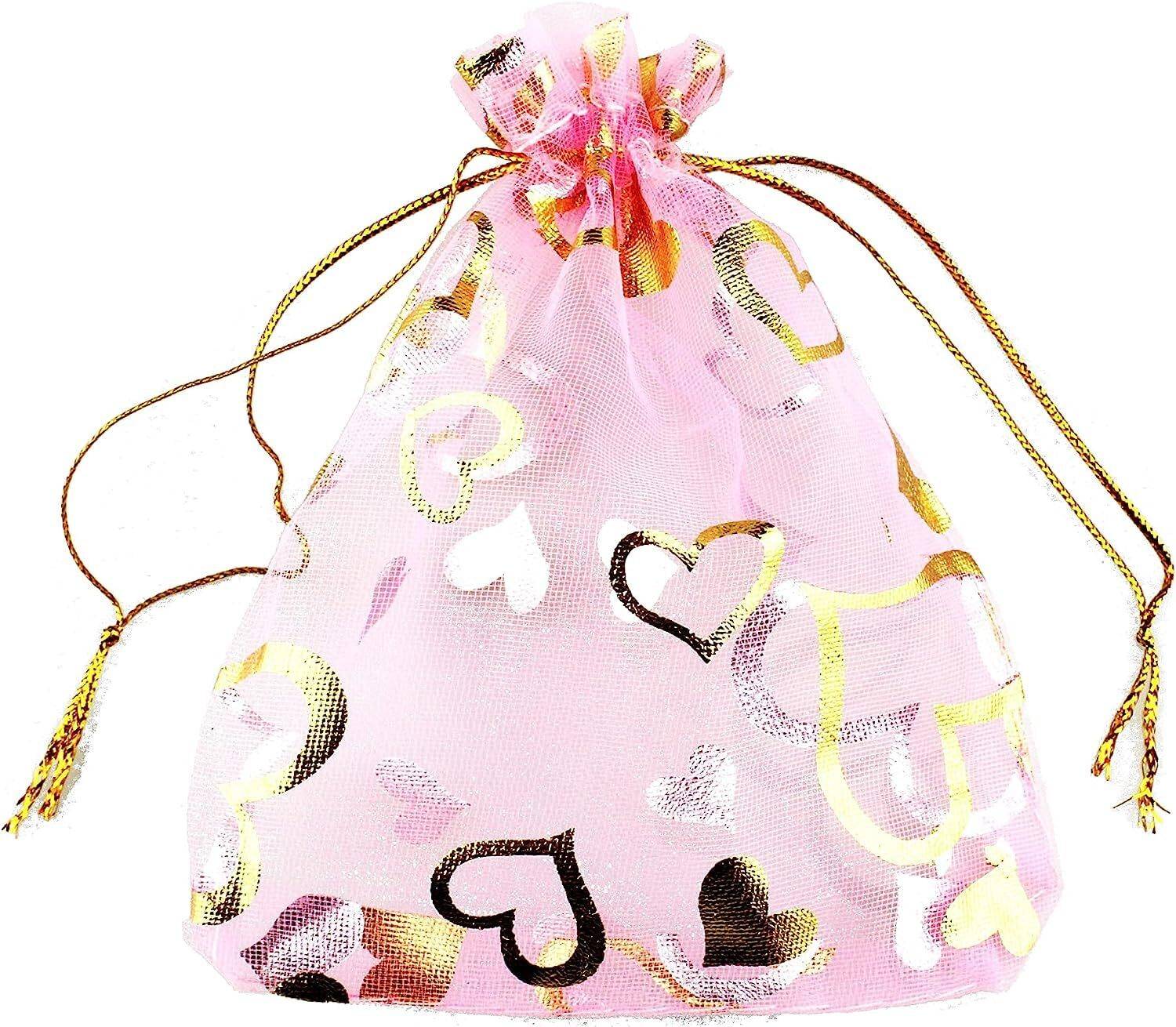 Brown Leaf 7X9 Cm Pink Printed Organza Potli Bags Jewellery Pouch Best for Wedding Diwali Potli