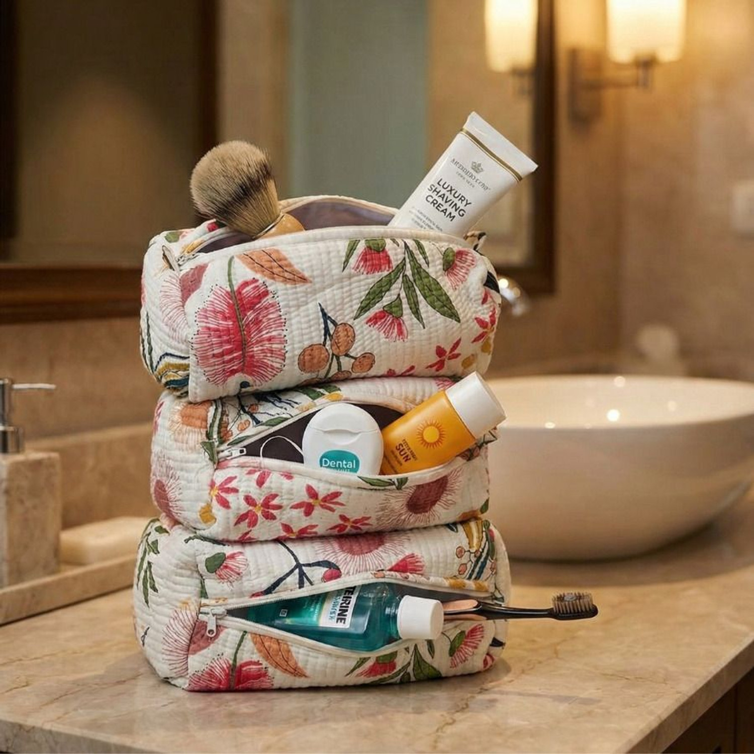 Image of LivSpacey Multipurpose Pouch Set of 3 Floral Printed Travel & Makeup Organizer Bags Pouch
