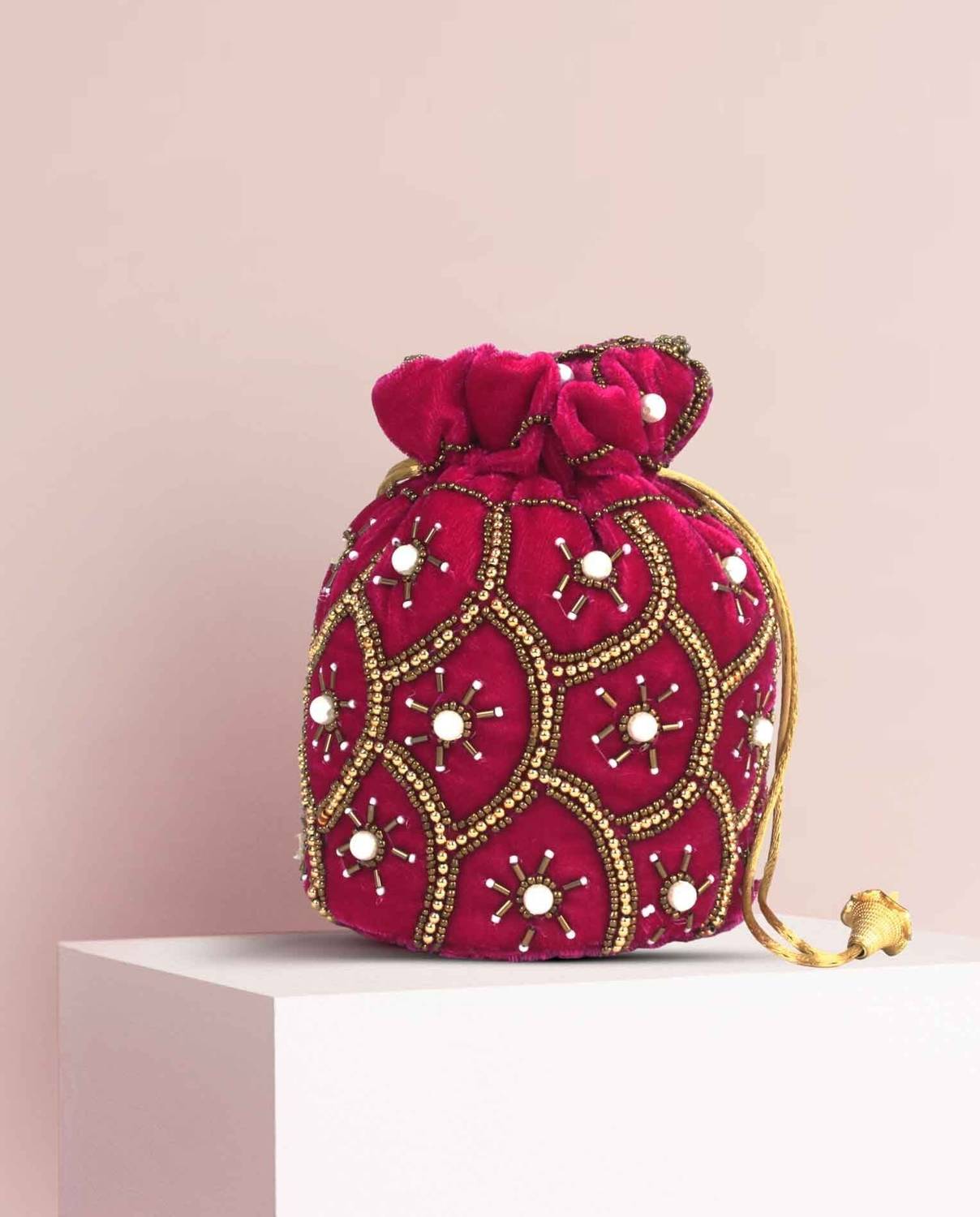 BeijoBolsa Pink Velvet Potli Bag For Women Potli