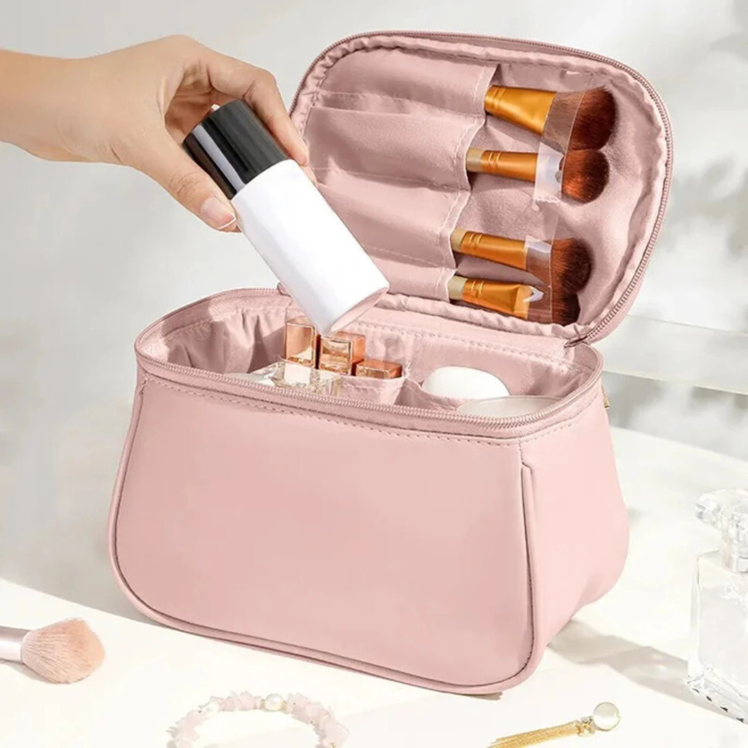 Image of Pinkmpire Waterproof Portable Large-Capacity PU Leather Canvas Cosmetic Makeup Bag Pouch Cosmetic Bag