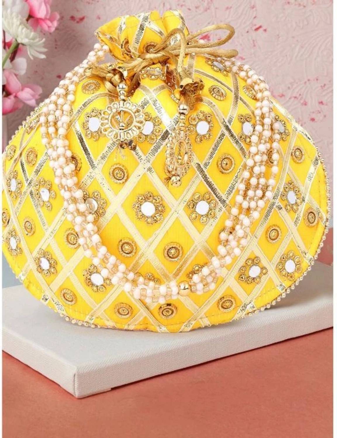 byra Mirror Work Potli Bag with Pearl Handle and Tassels Potli