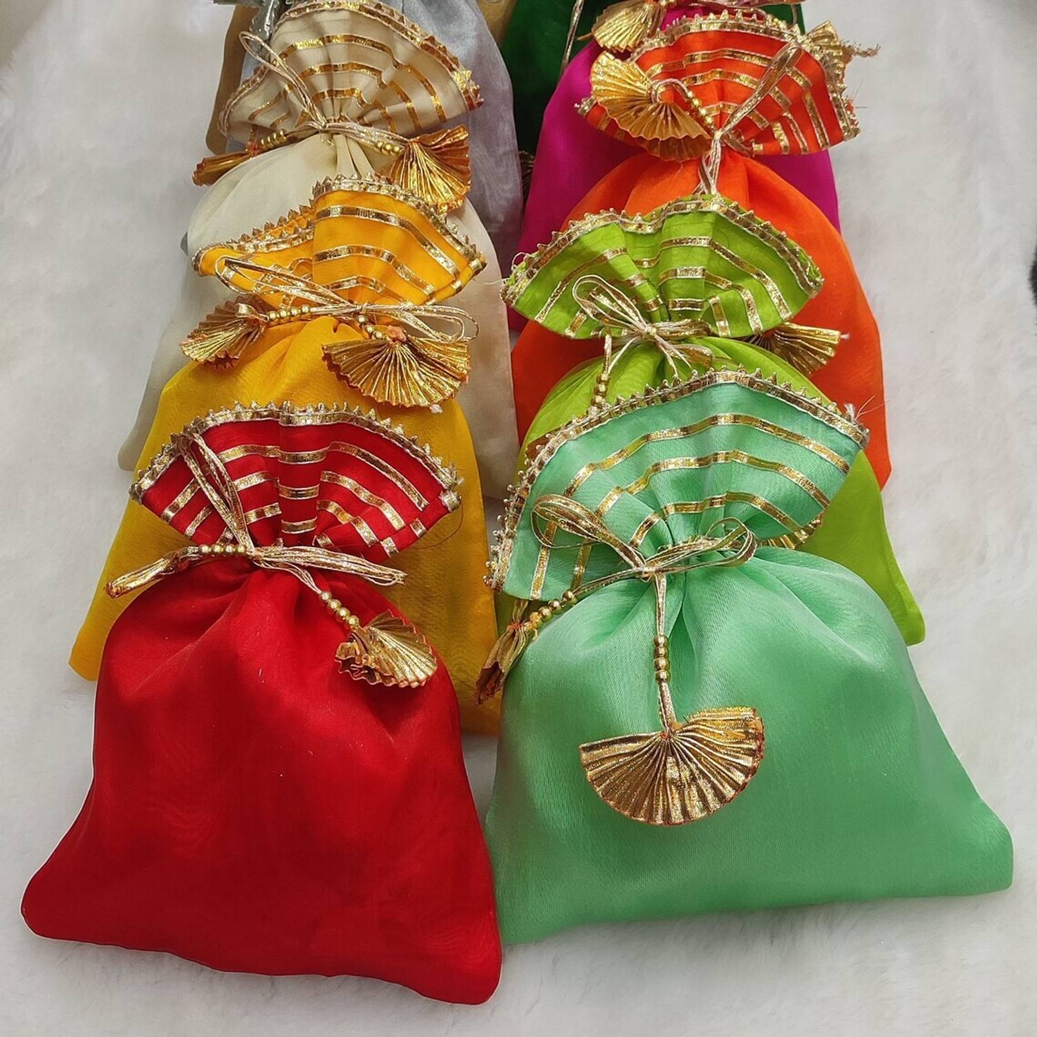 Brown Leaf Gota Organza Fabric Potli Wedding Favor Party Gift Jewelry Pouch Drawstring Bags Potli