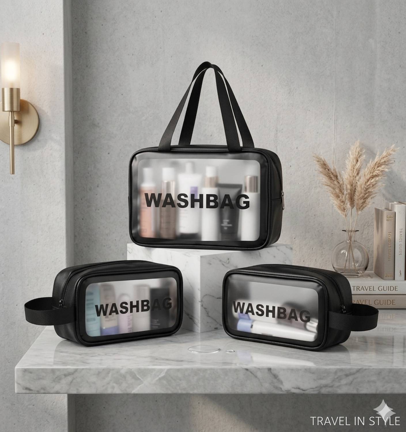 SHOPTIV Black Wash Bag Set of 3 Travel Cosmetic Storage Kit Travel Toiletry Kit