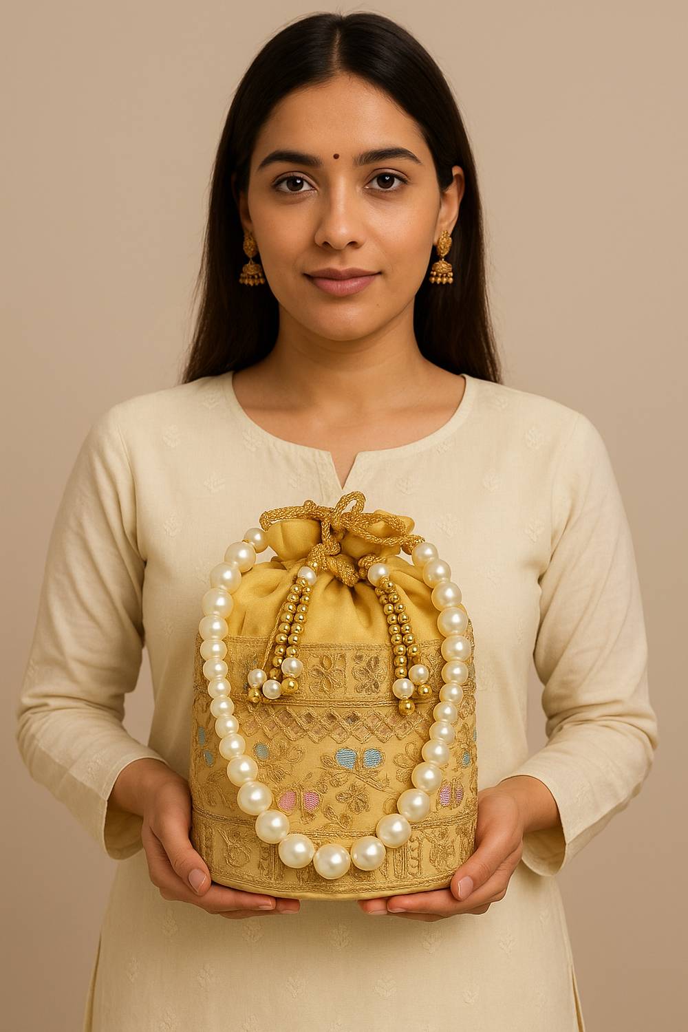 25DEGREE N Women Golden Velvet Embroidery Potli with Pearl Handle and designer Tassel Potli