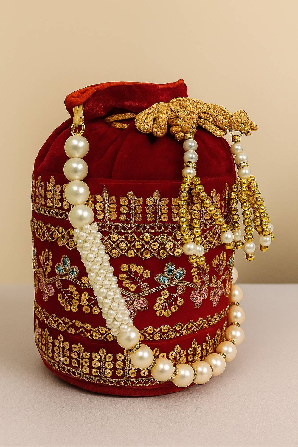 25DEGREE N Designer Maroon Velvet Embroidered Potli Bag with Pearl Handle for Women Potli
