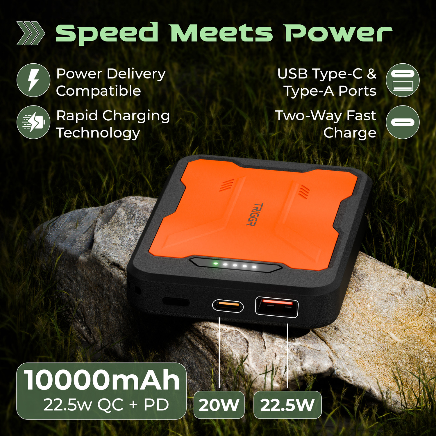 Image of TRIGGR 10000 mAh 22.5 W Mini Pocket Size Power Bank (Black Inferno, Lithium Polymer, Fast Charging, Power Delivery 3.0, Quick Charge 3.0 for Mobile, Tablet, Earbuds)