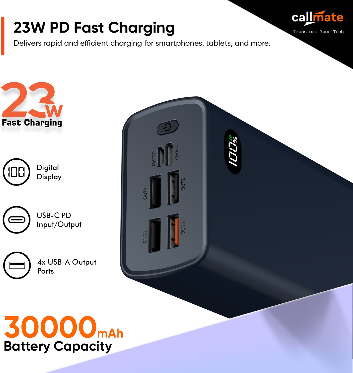 Image of Callmate 30000 mAh 23 W Power Bank (Blue, Lithium Polymer, Fast Charging for Mobile, Earbuds, Speaker, Tablet, Trimmer)