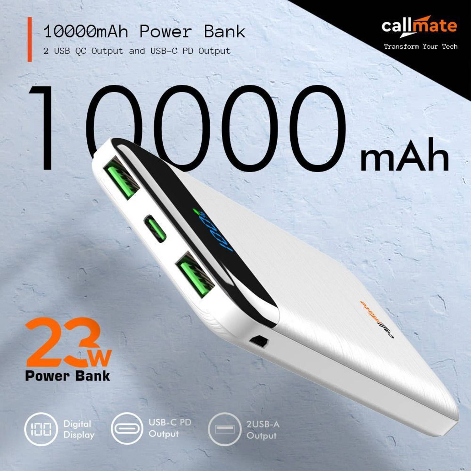 Callmate 10000 mAh 23W Power Bank White - Image 2
