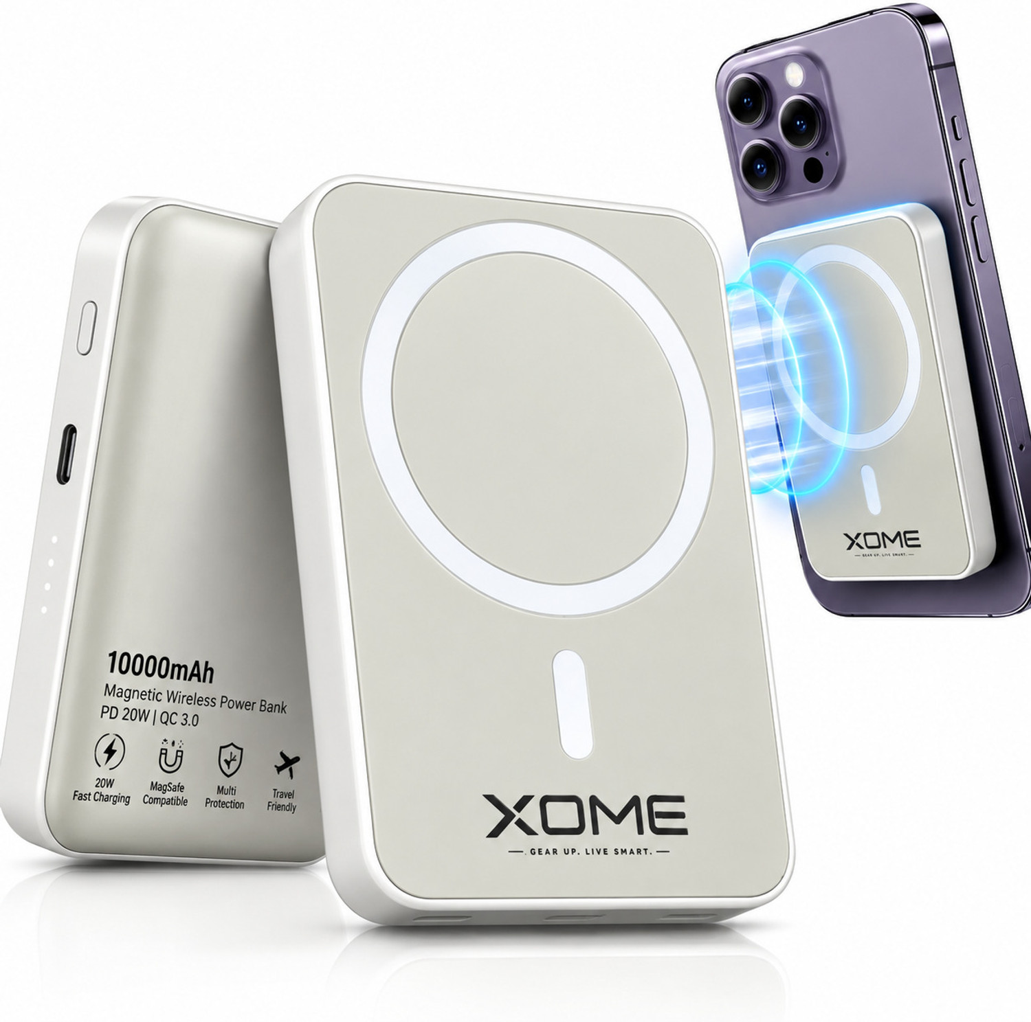 Image of XOME 10000 mAh 20 W Wired & Wireless With MagSafe Compact Pocket Size Power Bank (White, Lithium Polymer, Fast Charging, Quick Charge 3.0 for Mobile)