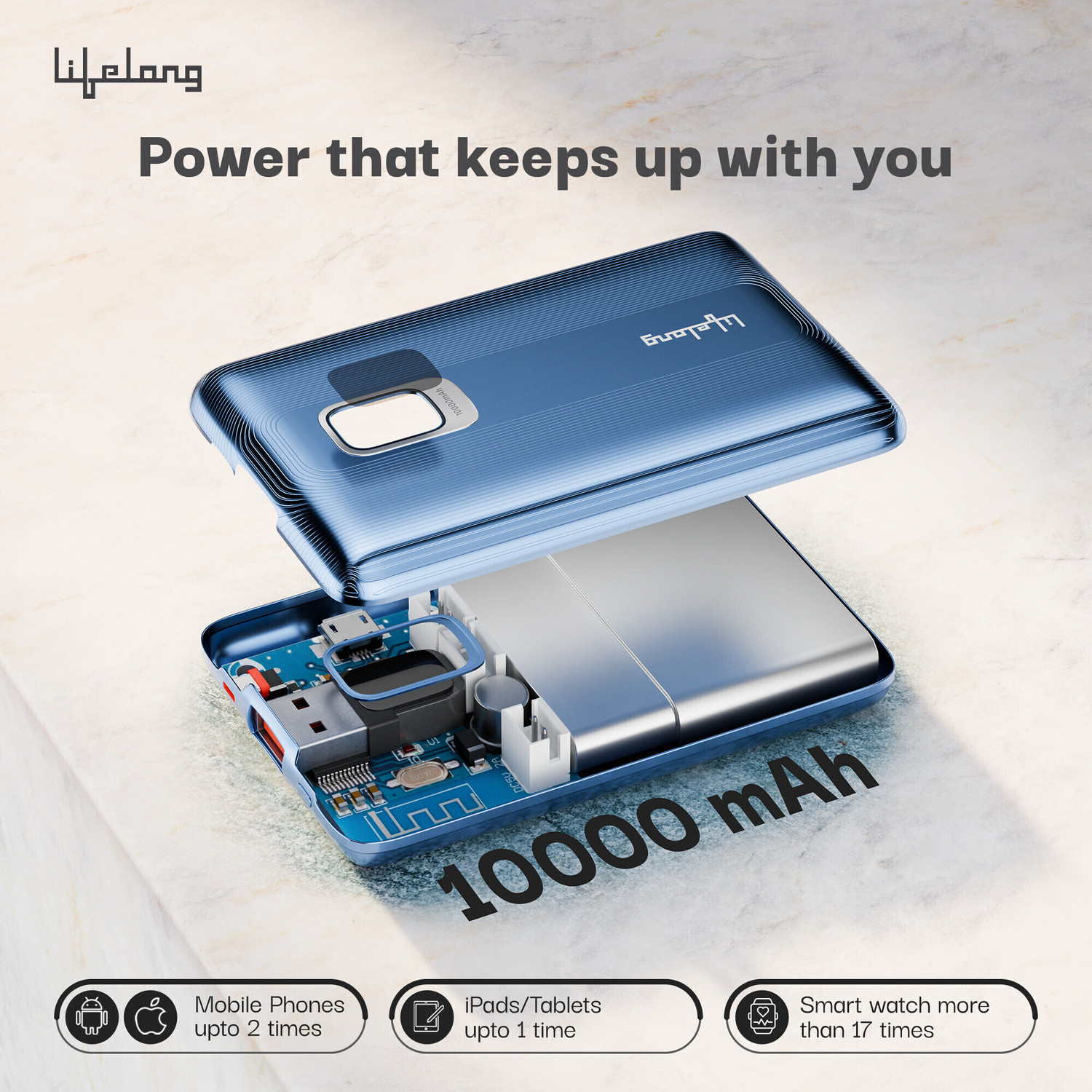 Image of Lifelong 10000 mAh 22.5 W Compact Pocket Size Power Bank (Metallic Blue, Lithium Polymer, Quick Charge 3.0 for Smartwatch, Mobile, Tablet, Earbuds)
