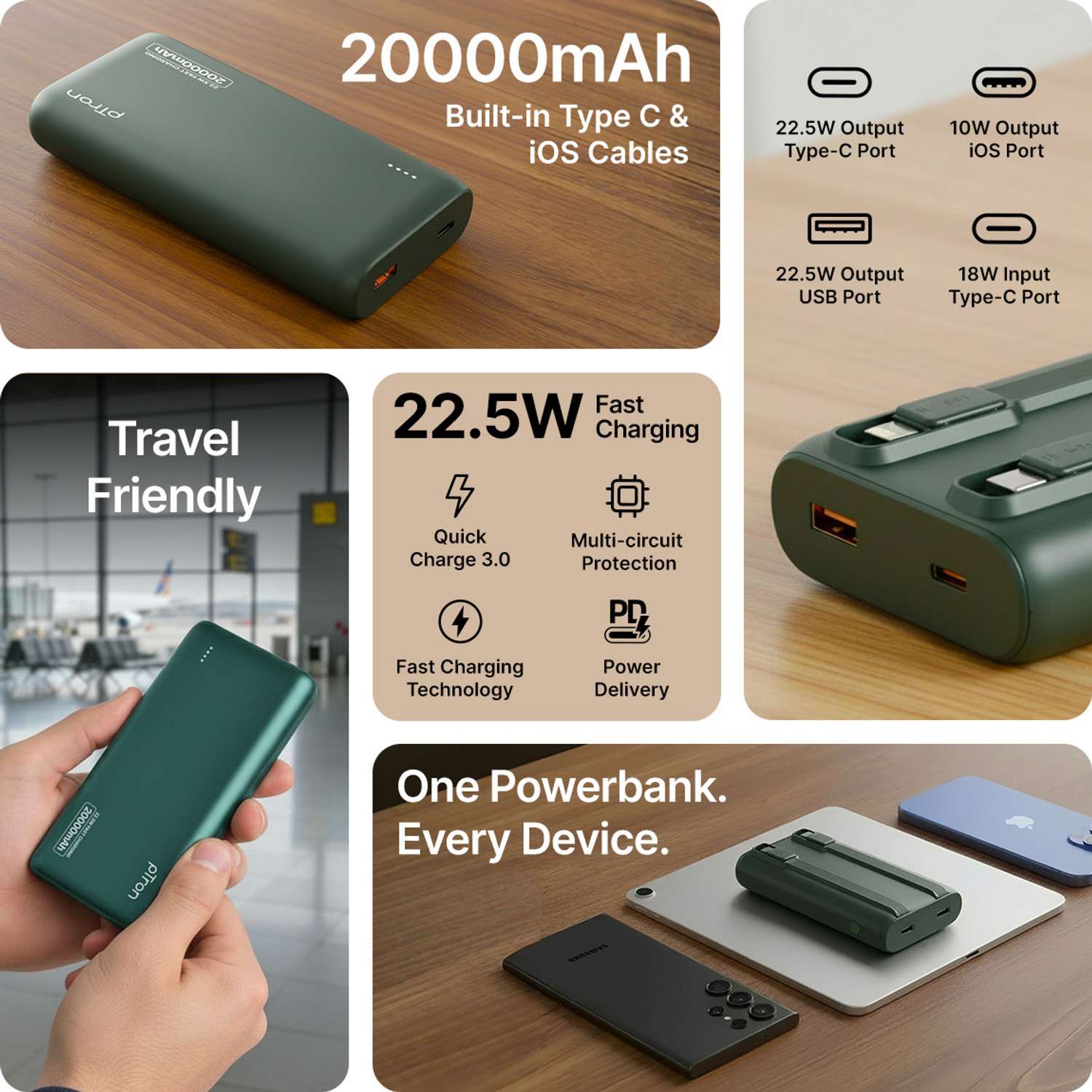 Image of PTron 20000 mAh 22.5 W Compact Pocket Size Power Bank