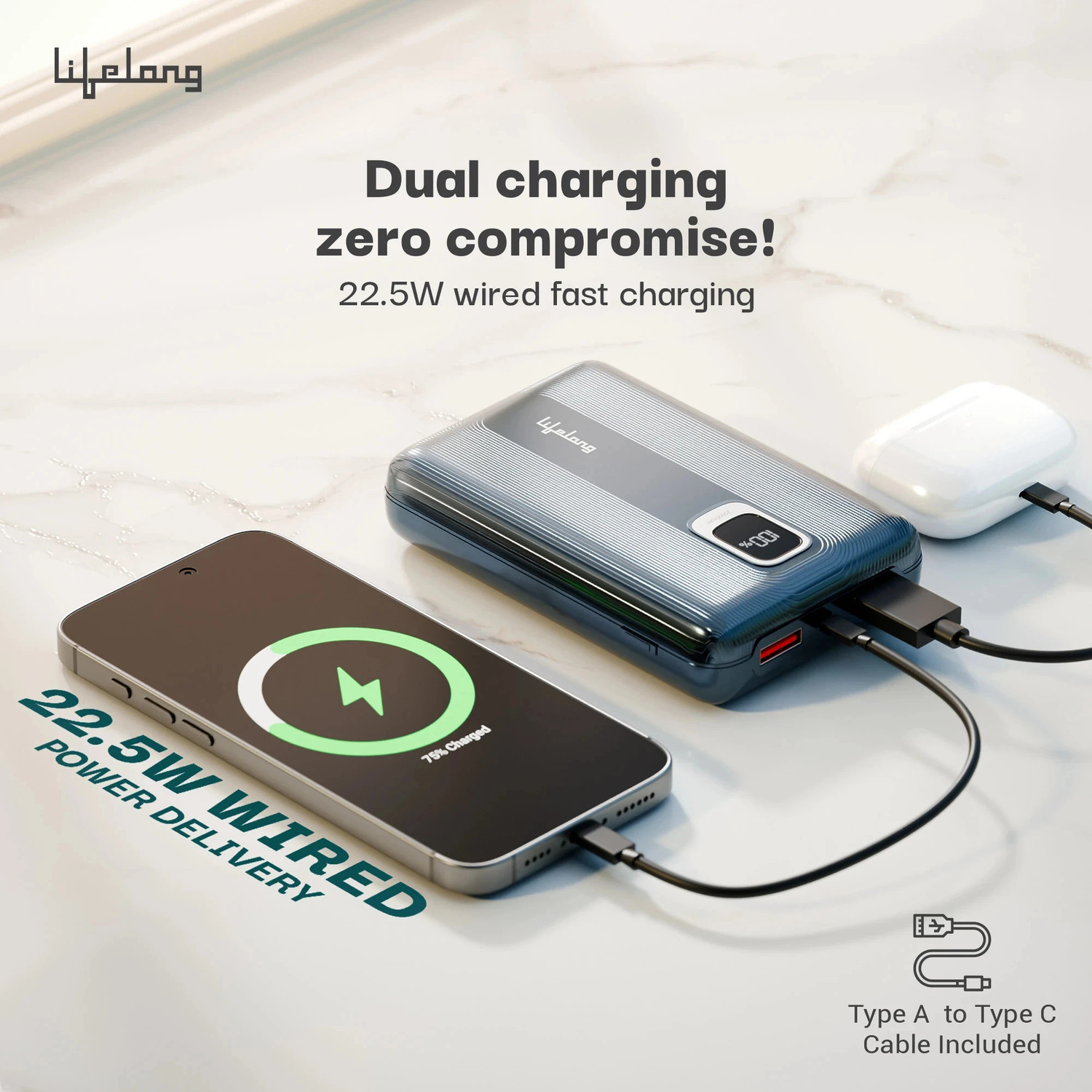 Image of Lifelong 20000 mAh 22.5 W Compact Pocket Size Power Bank (Dark Blue, Lithium Polymer, Quick Charge 3.0 for Smartwatch, Mobile, Tablet, Earbuds)
