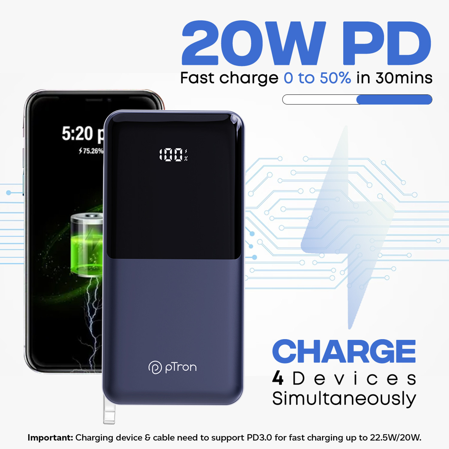 Image of PTron 20000 mAh 22.5 W Compact Pocket Size Power Bank