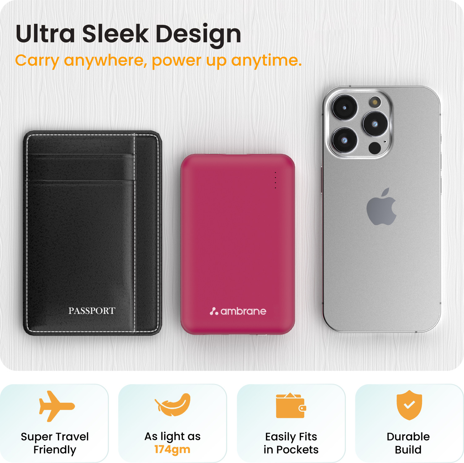 Image of Ambrane 10000 mAh 22.5 W Mini Pocket Size Power Bank (Maroon, Lithium Polymer, Power Delivery 3.0, Quick Charge 3.0 for Mobile)