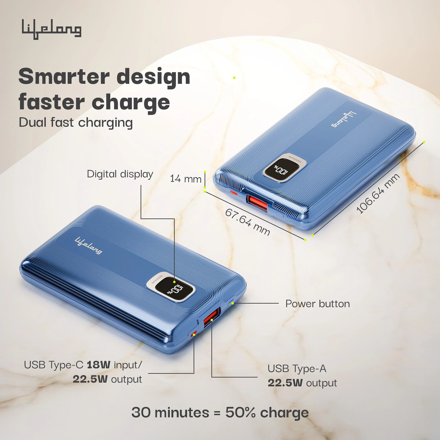 Image of Lifelong 10000 mAh 22.5 W Compact Pocket Size Power Bank (Metallic Blue, Lithium Polymer, Quick Charge 3.0 for Smartwatch, Mobile, Tablet, Earbuds)
